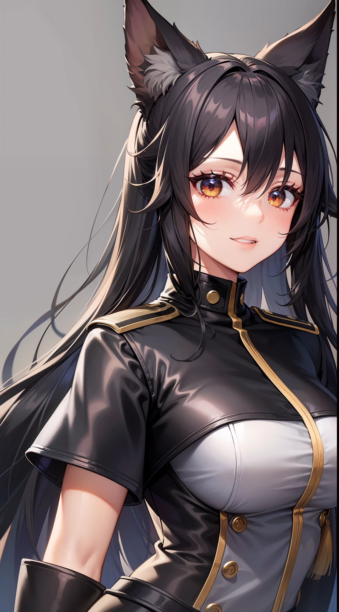 Adult woman, Long black hair, high ponytail, Fox ears, Foxtail, The left eye is yellow, Red right eye, Combat uniform, ssmile, Masterpiece, hiquality