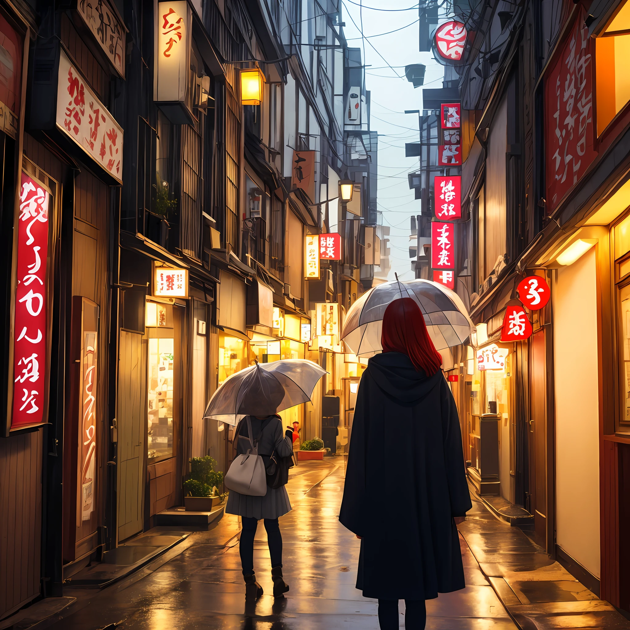 （best qualtiy，tmasterpiece：1.3）， 1girll， rainy days， mist， alleys， umbrellas， Large, white umbrella， looking at viewert， redheadwear， facing the photo， Tokyo, Japan， Alone in the alley， Neon lights in the alley，long whitr hair， Hair-sized strands cross the alley， Riman， whitestocking，White witch costume， perfect hand，delicated，naïve，Holding a teddy bear，the night --auto