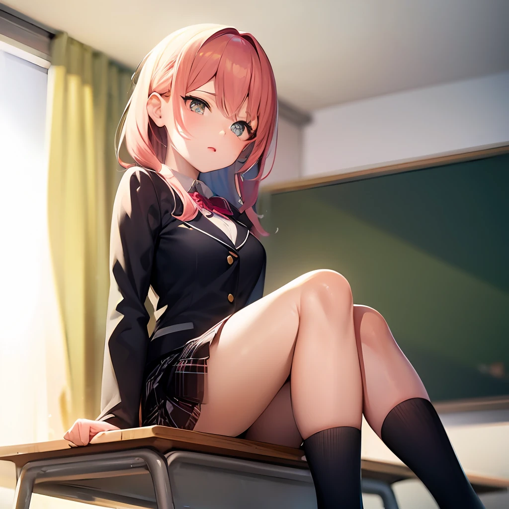Student pink hair anime
Sitting on a classroom desk, flushed
The pee came out
