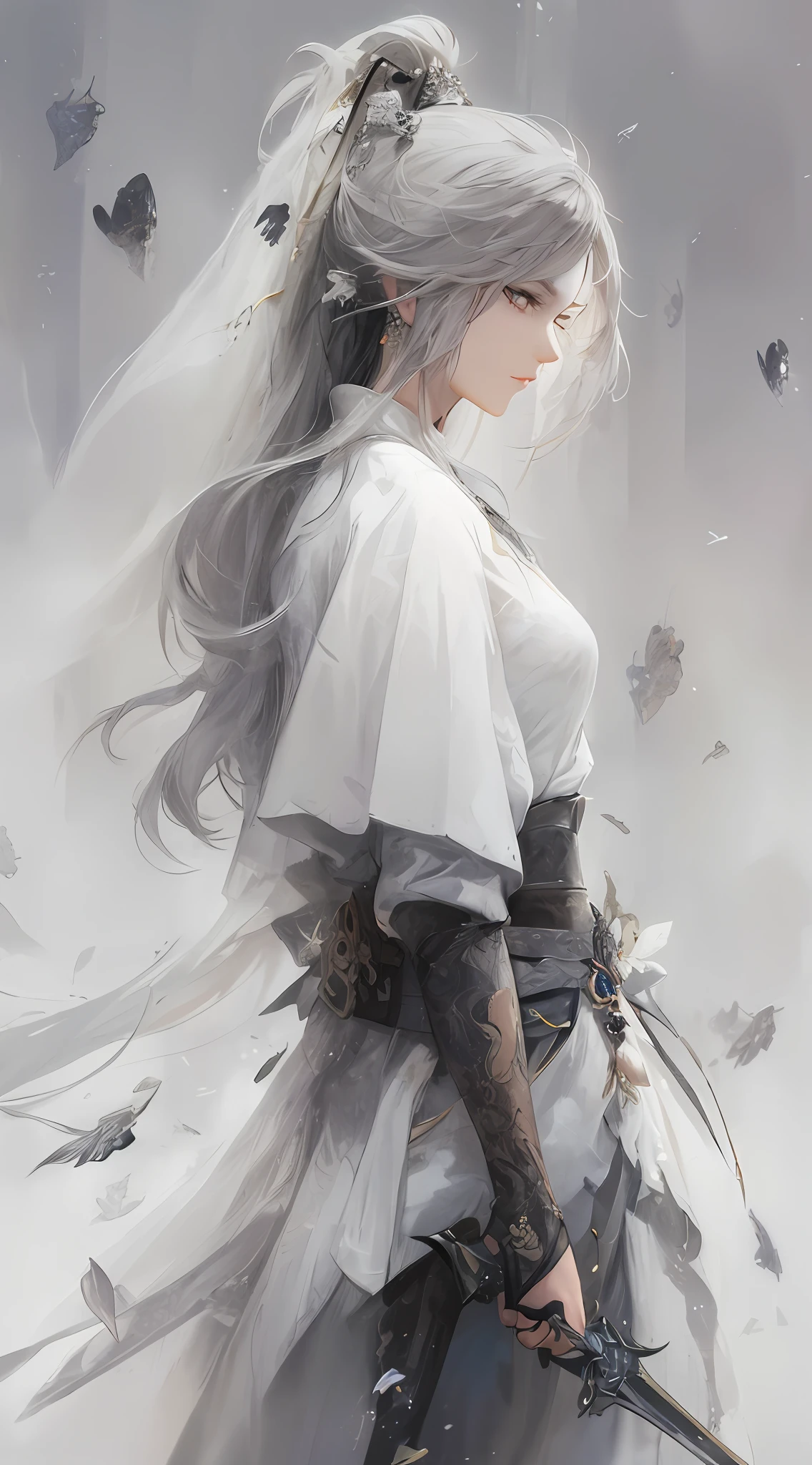 a close up of a woman with a sword in a white dress, a character portrait by Yang J, trending on cgsociety, fantasy art, beautiful character painting, artwork in the style of guweiz, guweiz, white hanfu, flowing white robes, full body wuxia, epic exquisite character art, stunning character art, beautiful female assassin