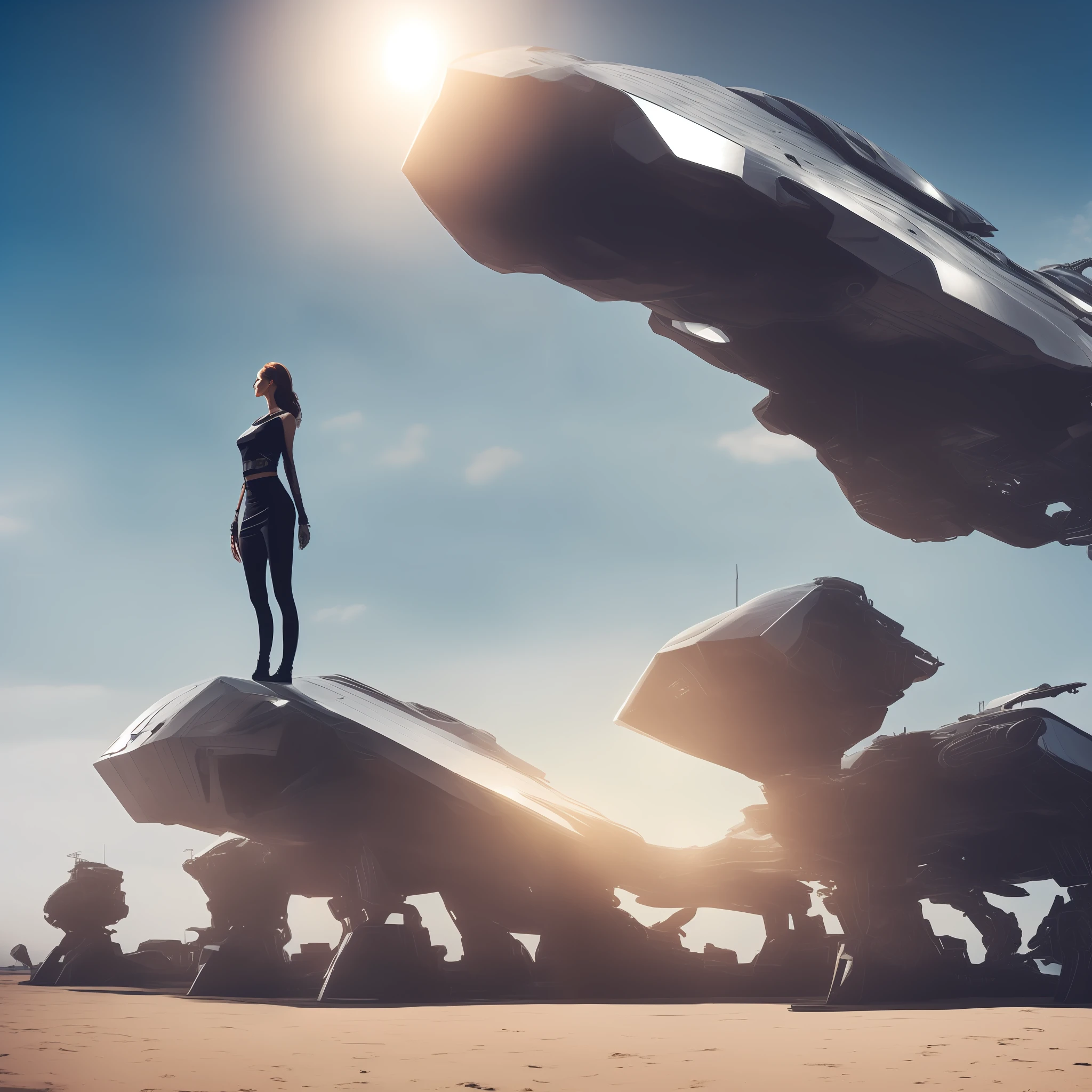 Best quality, delicate face, 25-year-old girl, slim body, body made of metal, small bust, metal structural skeleton, seaside, standing posture, beach, huge spaceship floating in the air, cyberpunk, sci-fi --auto