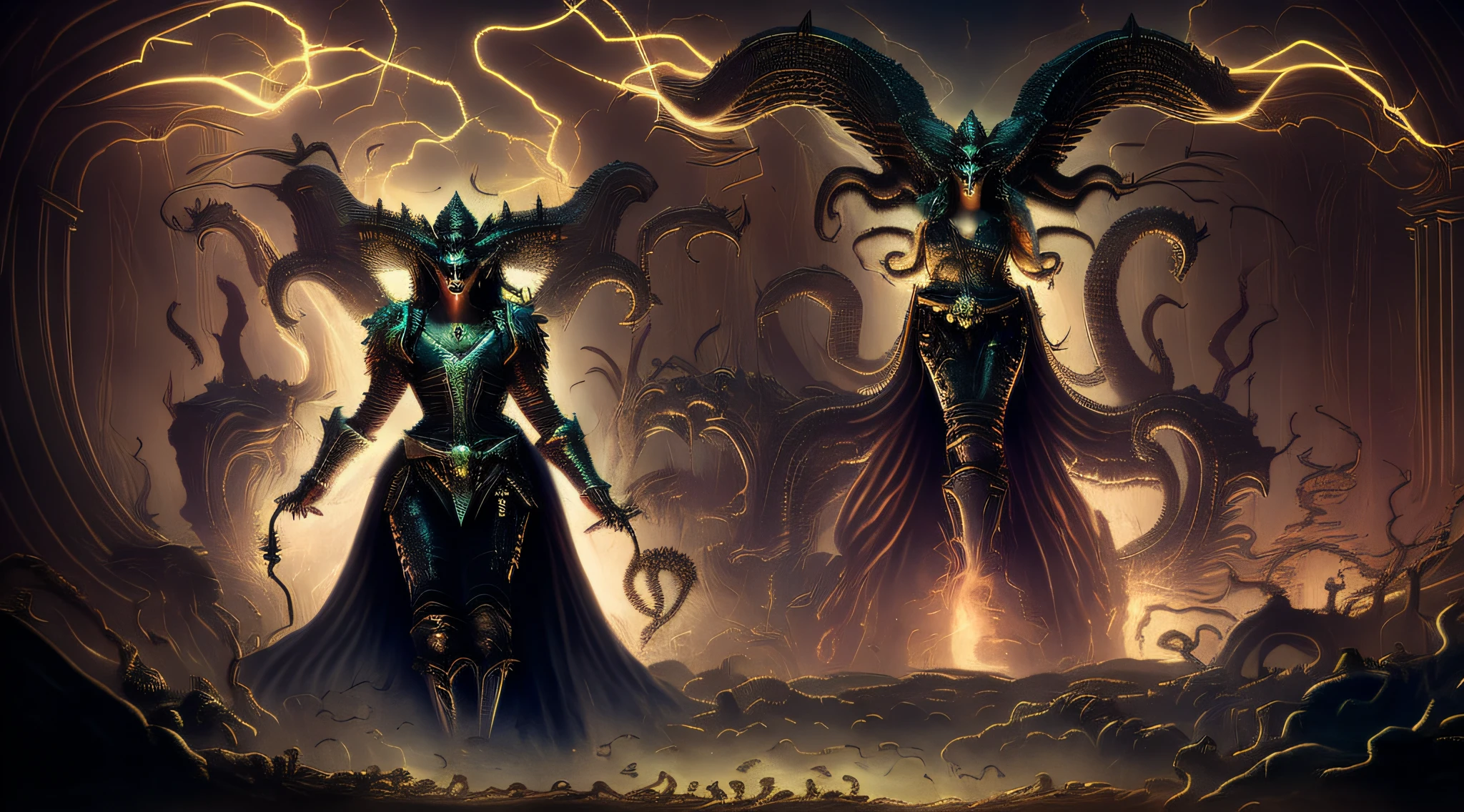 Lilith WITH VARIOUS DEMONS IN THE BACKGROUND, INSIDE THE GARDENS OF EDEN, fire, lightning, blood, whole body, in the style of Diablo 4,
