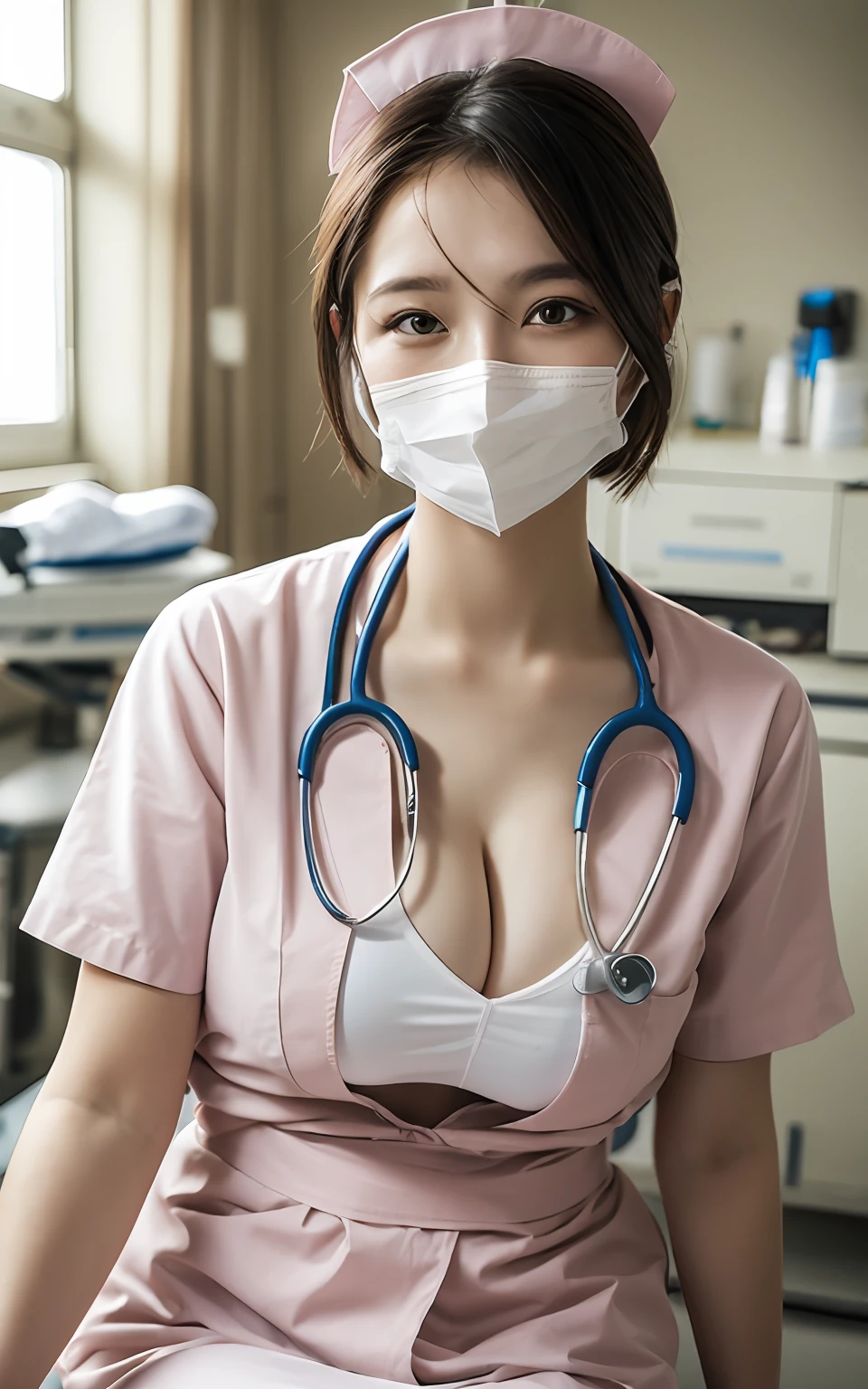 Highly detailed CG Unity 8K wallpaper, With the highest quality, super detailed, Master Piece, Realistic, photograph realistic, extremely detailed cute girl, 25 years old, ((nurse)) , blush , Round eyes, medium breasts, Chubby, looking viewer, cowboy shot , (Operating rooms in hospitals) , (sitting) , cleavage , short hair , white mouth mask