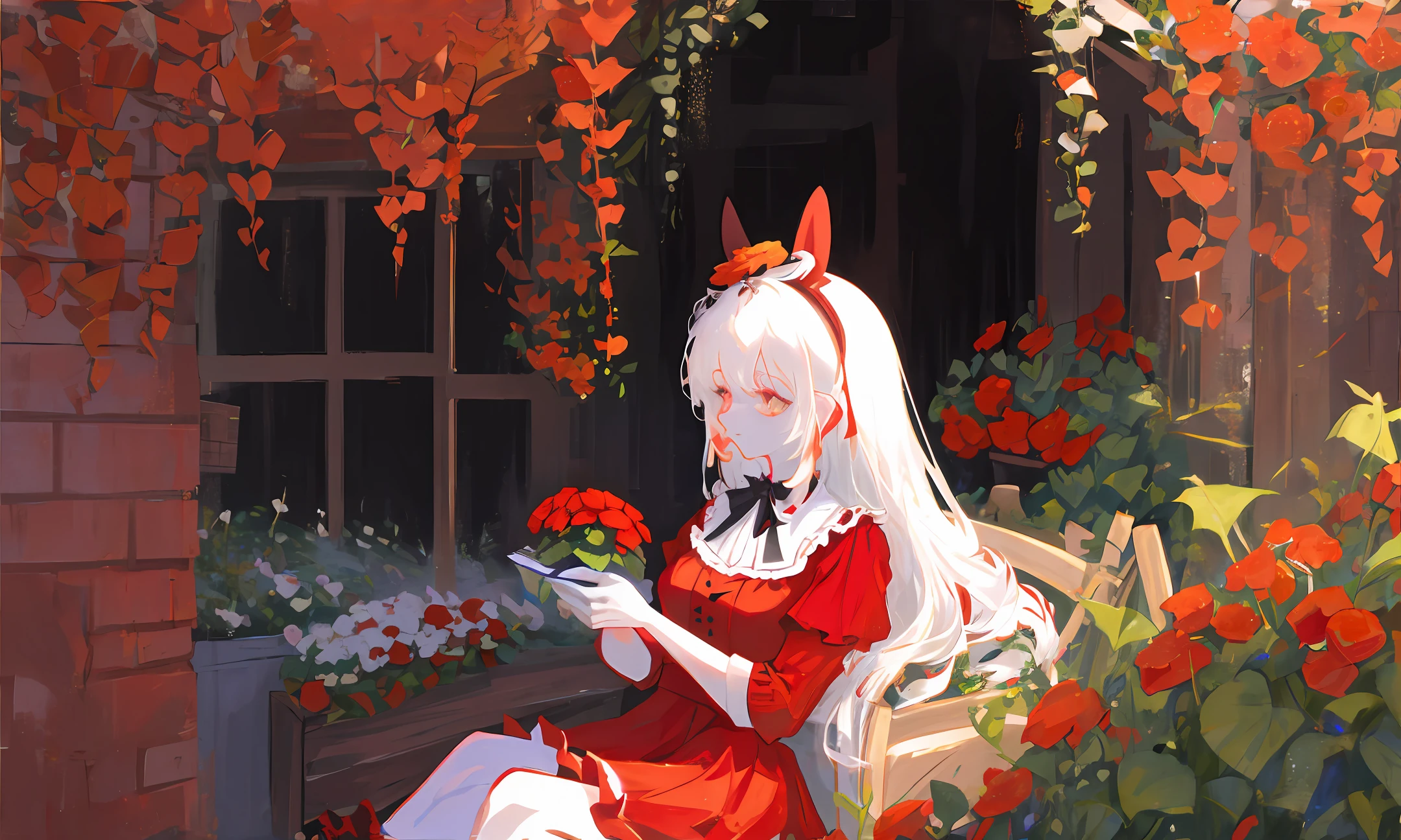Begonia gardening Cheshire cat girl in red dress lying blood white hair black skin
