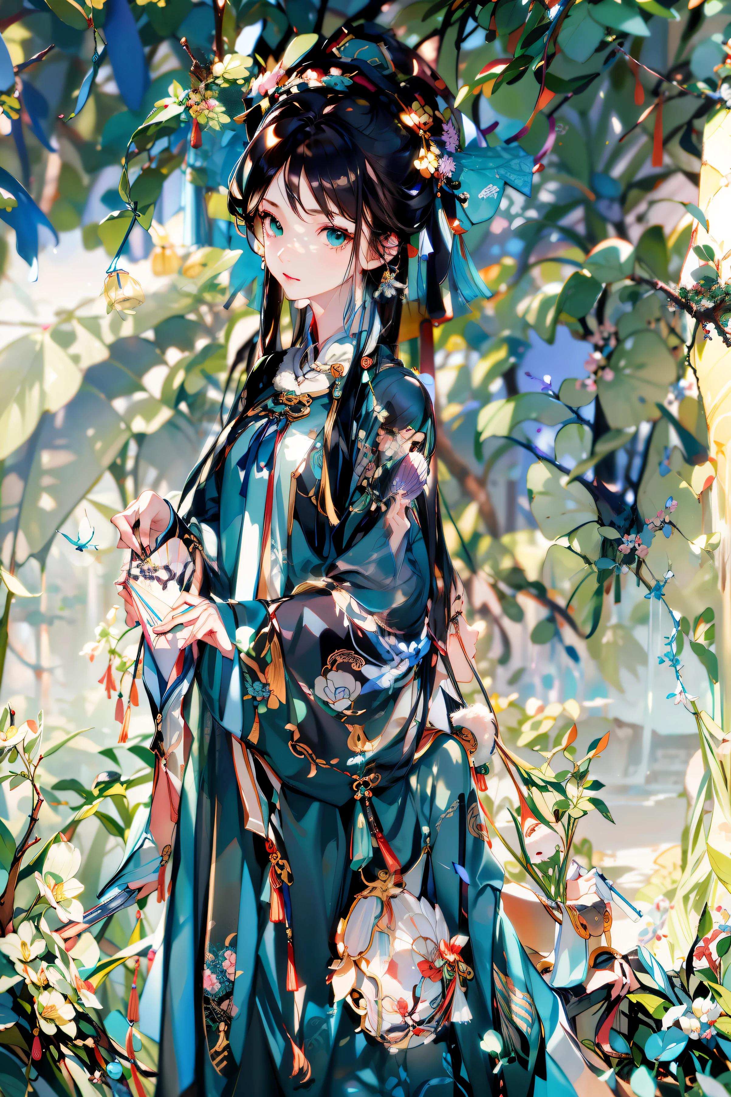 female pervert,Black hair,Chinese Ancient Times,Green clothes,white skinned,folding fan,umbrellas