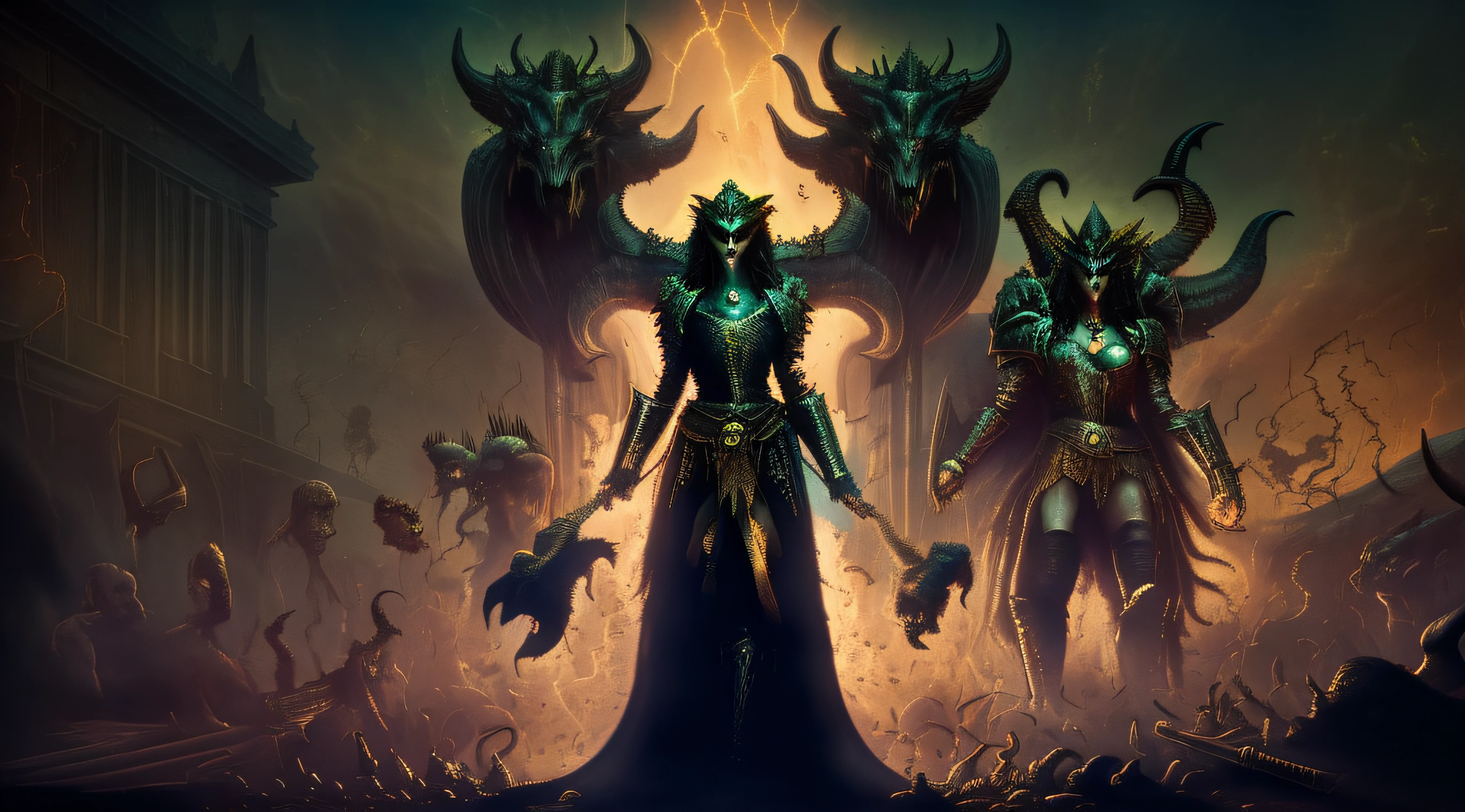 Lilith WITH SEVERAL DEMONS IN THE BACKGROUND, EM UMA RUA DE UMA CIDADE, fogo, raio, sangue, corpo inteiro, no estilo de Diablo 4,