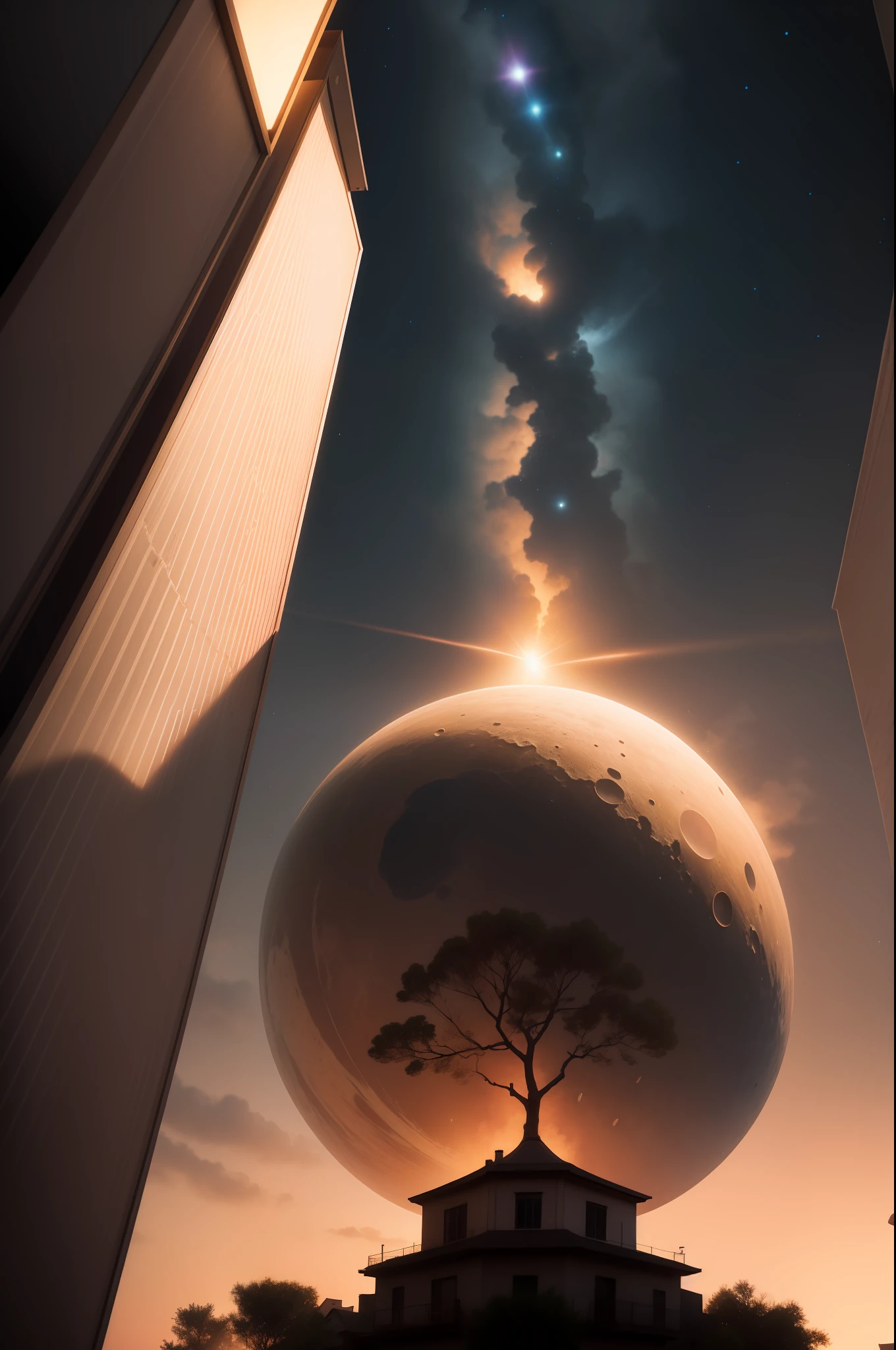 Expansive landscape photograph,(Look at the sky from below),Junior bike,(moon full:1.2),(meteors:0.9),(Starcloud:1.3),Far Mountain,Tree BREAK Production Art,(Warm light source:0.2),(glowworm:1.2),lamp lights,Orange colors,Complicated details,Volumetric lighting BREAK(tmasterpiece:1.2), (HighestQuali),4K,Ultra-delicate,(Dynamic configuration:1.4),dream magical,magical,(独奏:1.2)