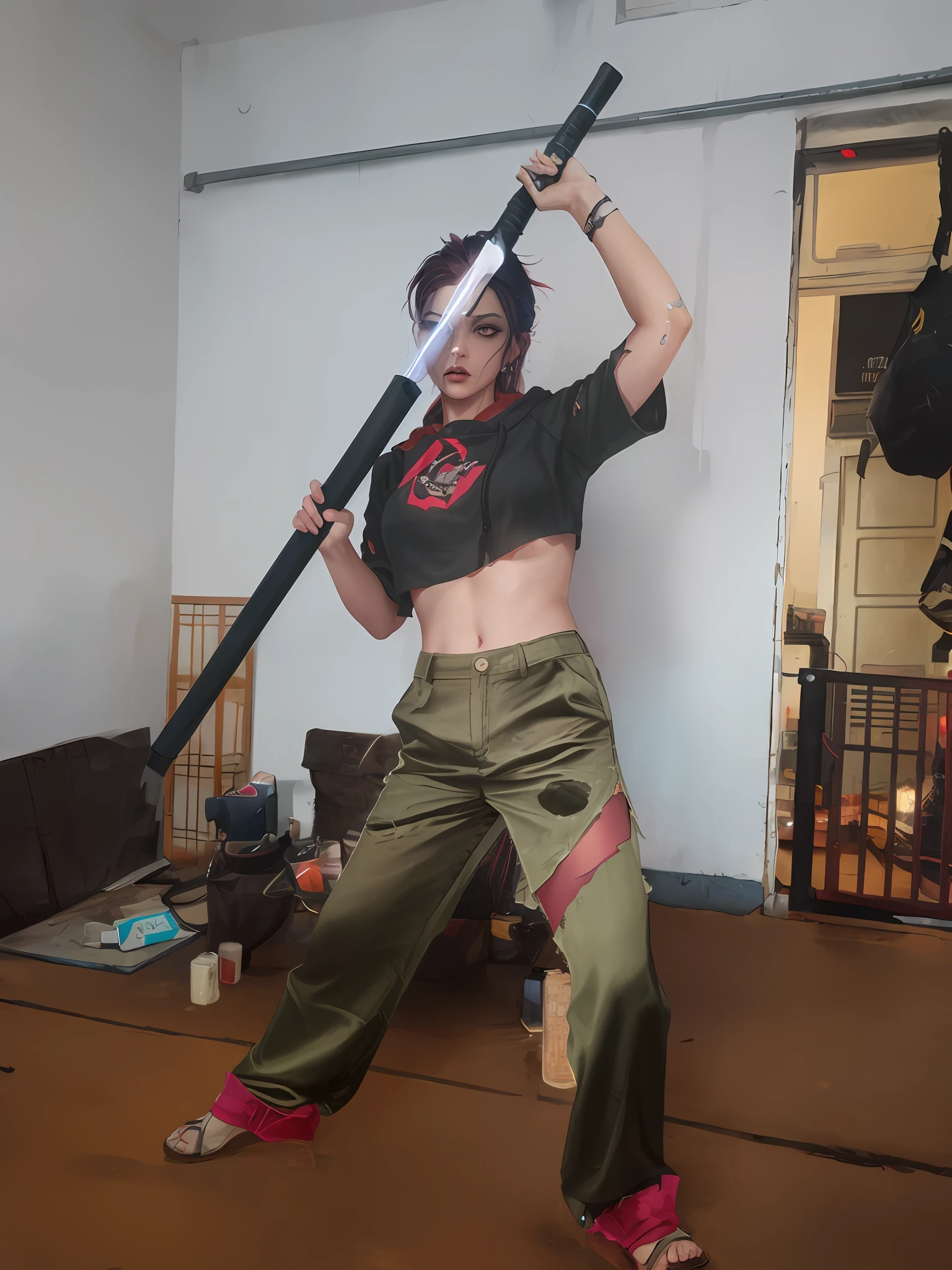 best quality, masterpiece, cinematic, realistic, cyberpunk, cyberpunk city, neon, volumetric lighting, black sky, (raining, thunderstorm), 1girl, (cyberpunk clothing, hoodie, pants, punk clothes), (flowing red hair), water reflecting off ground, ((hidden face)), close up, (torn clothes), bubble butt,