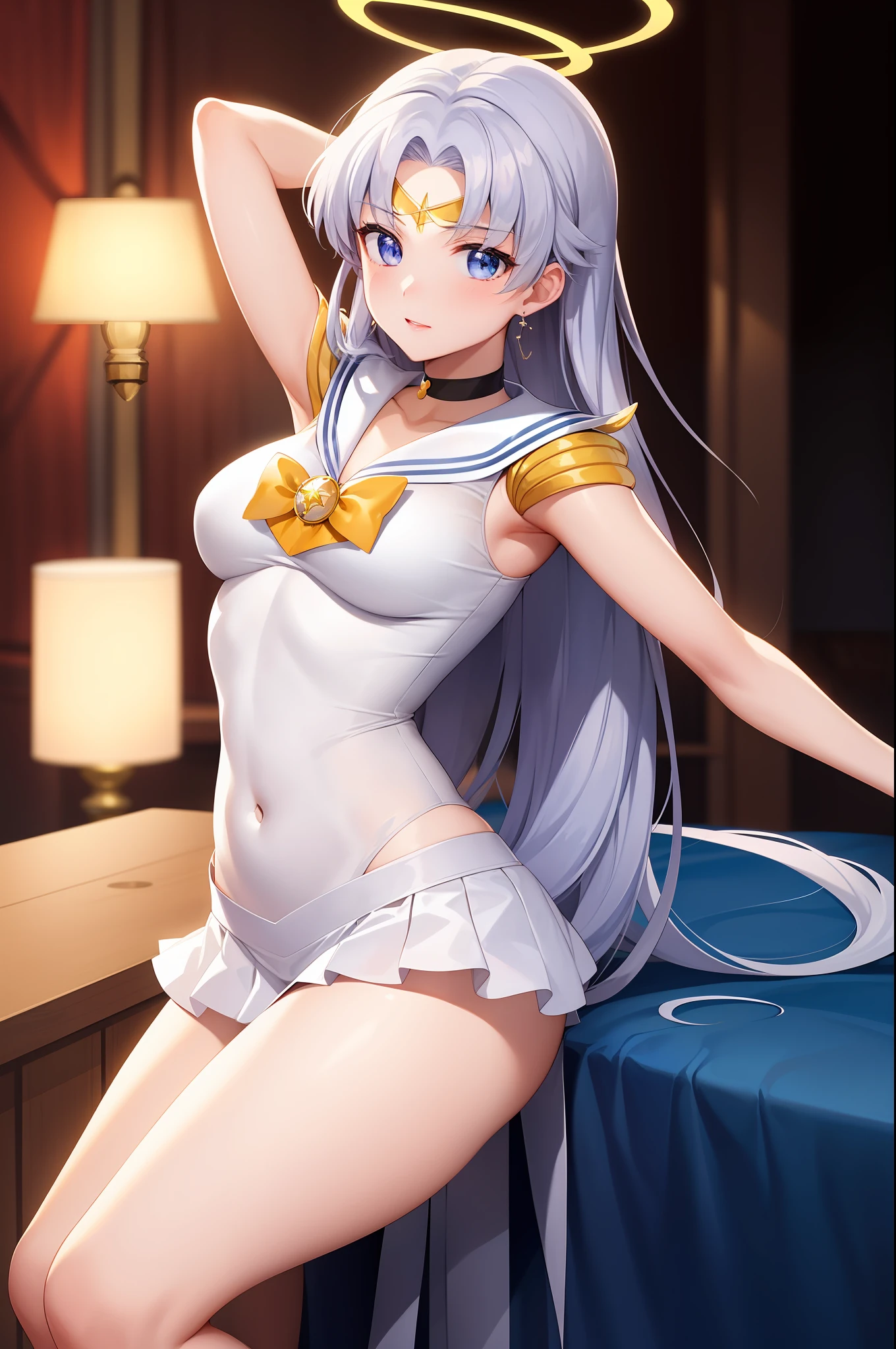 high-level image quality、Photo,rialistic photo、Real high school girl features、In live-action style、a picture、Photo Real、Realisticity、Beautiful facial features、beautiful thigh、Ultra mini skirt、sailorvenus、poneyTail、a close up of a woman in a costume posing for a picture, White panty、A sexy、Anime girl cosplay, Sailor Moon Style, Anime Cosplay, Beautiful armpits、Beautiful navel、Sailor Moon!! Beautiful, cosplay foto, publicity cosplay, Cosplay, Ayaka Cosplay, Orange halo around her head, Inspired by Yang J