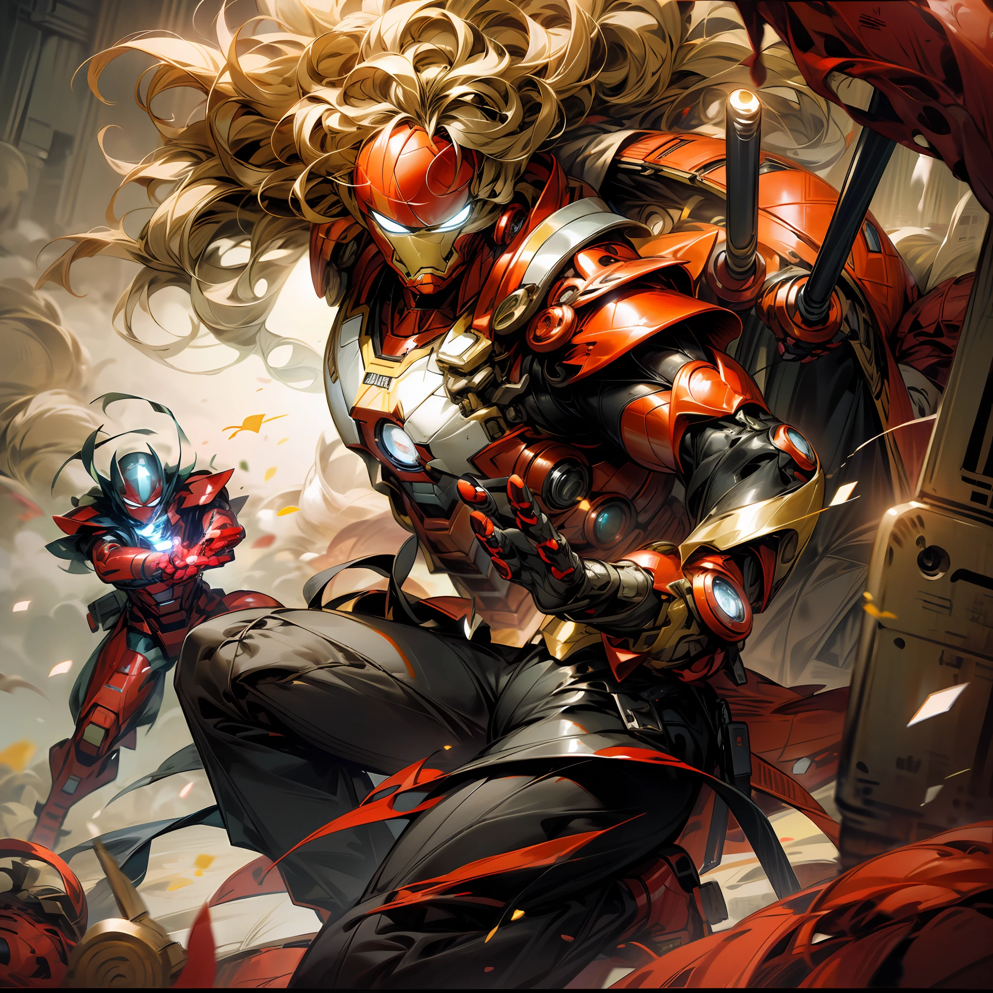 Surreal graphics，[(Police Special Forces+swat)，(《Dragon Ball》Son Goku，(《Iron Man》、《Spidey》curly)black in color(Clothing or suit)+Red details，]Battle scenes，[(Imposing+Thrilling)，(blasts+smog)Make the picture more exciting[luster+vividness]。] Iron Man attack gesture，Turtle Pie Qibo Gong --auto