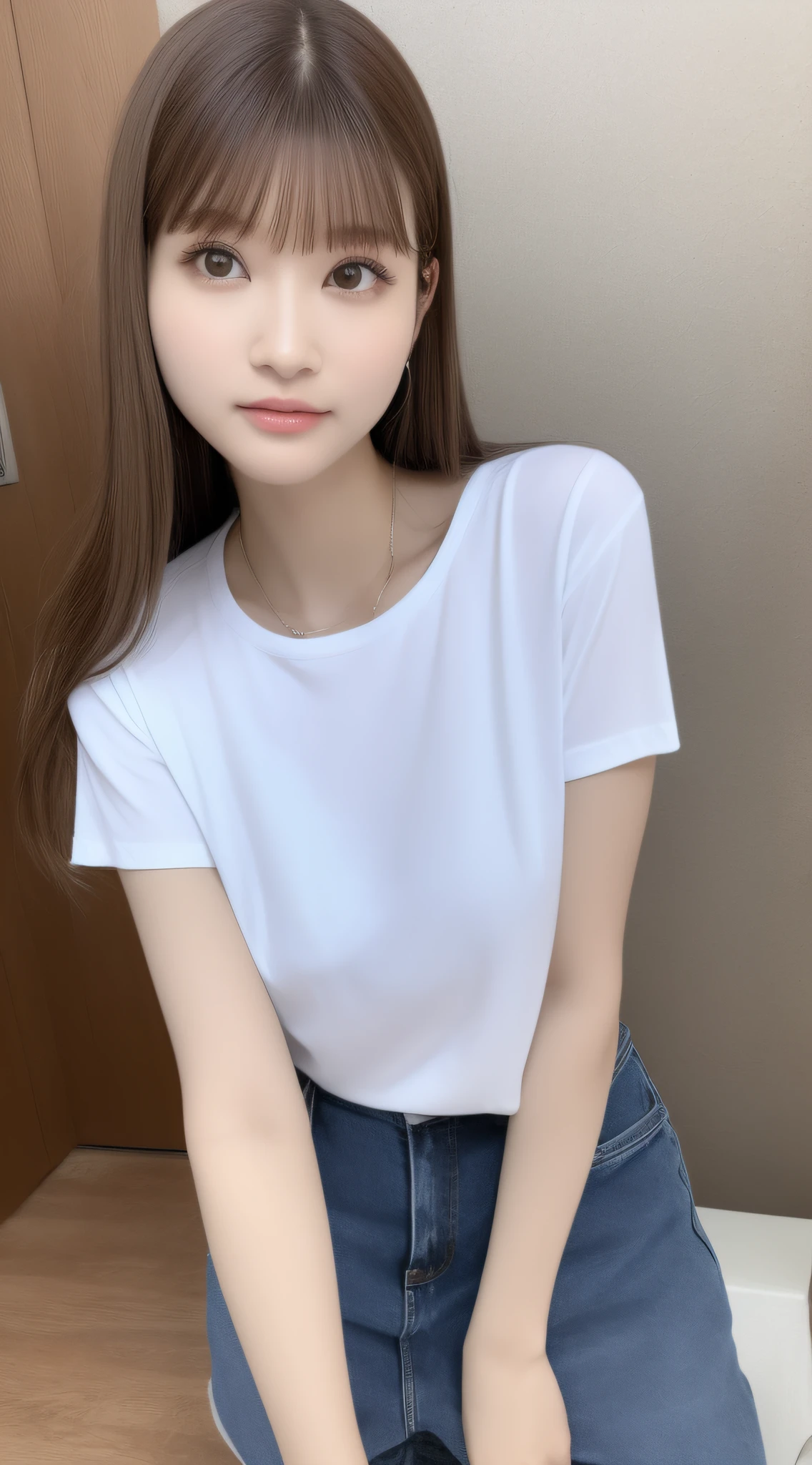 top-quality、​masterpiece、超A high resolution、(Photorealsitic:1.5)、Raw foto、1girl in、white t-shirts、Denim tight skirt、murky、deep-shadows、bright expression、cold light、Sexy appearance、((1 person))、1 shot、The long-haired、Bangs are aligned、1girl in