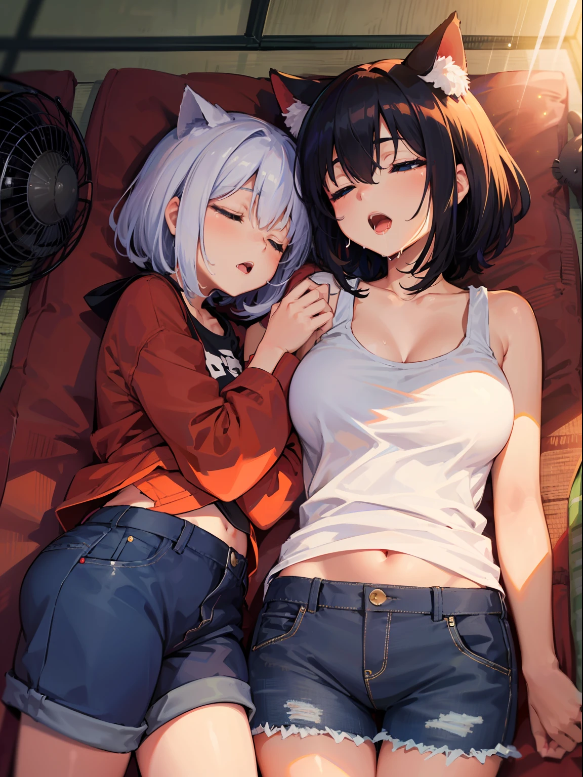 ((masutepiece)), ((Best Quality)), (Ultra-detailed), ((kawaii)), Cute, (lovely), ((Sexy)), (Ero), ((Extremely detailed)), 4K, (8K), Best Quality, (Beautiful), Illustration, Anime style, Painting, Dynamic Angle, Full body, Upper body, during daytime, (Sleeping:1.7), look down from above, full body focus, sleeping on the tatami mats, Gradation, Japanese-style room, (veranda), Summer, Cute little girl s, 2girls, Solo, White tank top, Jeans in shorts, Beautiful black hair, Beautiful black eyes, ((Beautiful eyes)), White-skinned, Short hair, Cat ears, large full breasts, (closed eye), Happy, Open mouth, (Saliva:1.2), (electric fan), sparkling effect, Lens Flare,shiny-glistening, gleaming
