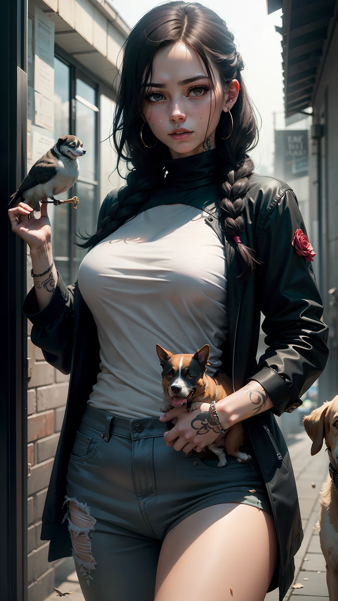 A beautiful woman  agent ,dark open sky, gun in hands, looking like just finished firght,sweating, hot wearing dark clothes,have a dog with her and bird ,long braided hairs, have tattoo of rose on her t