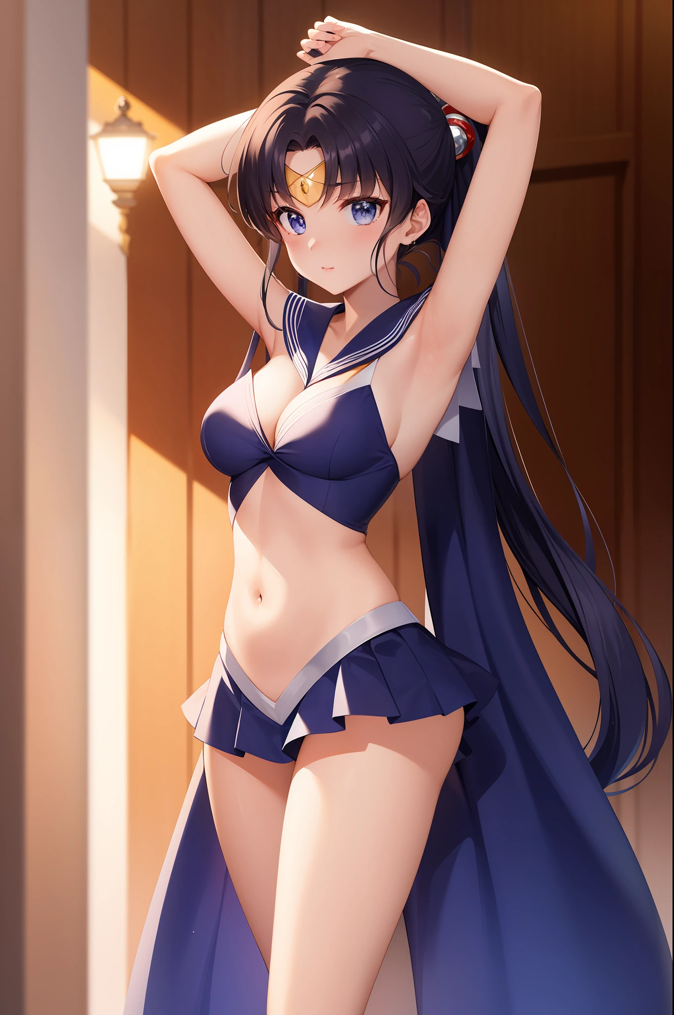 high-level image quality、Photo,rialistic photo、Real high school girl features、In live-action style、a picture、Photo Real、Realisticity、Beautiful facial features、beautiful thigh、Ultra mini skirt、sailorvenus、poneyTail、a close up of a woman in a costume posing for a picture, White panty、A sexy、Anime girl cosplay, Sailor Moon Style, Anime Cosplay, Beautiful armpits、Beautiful navel、Sailor Moon!! Beautiful, cosplay foto, publicity cosplay, Cosplay, Ayaka Cosplay, Orange halo around her head, Inspired by Yang J