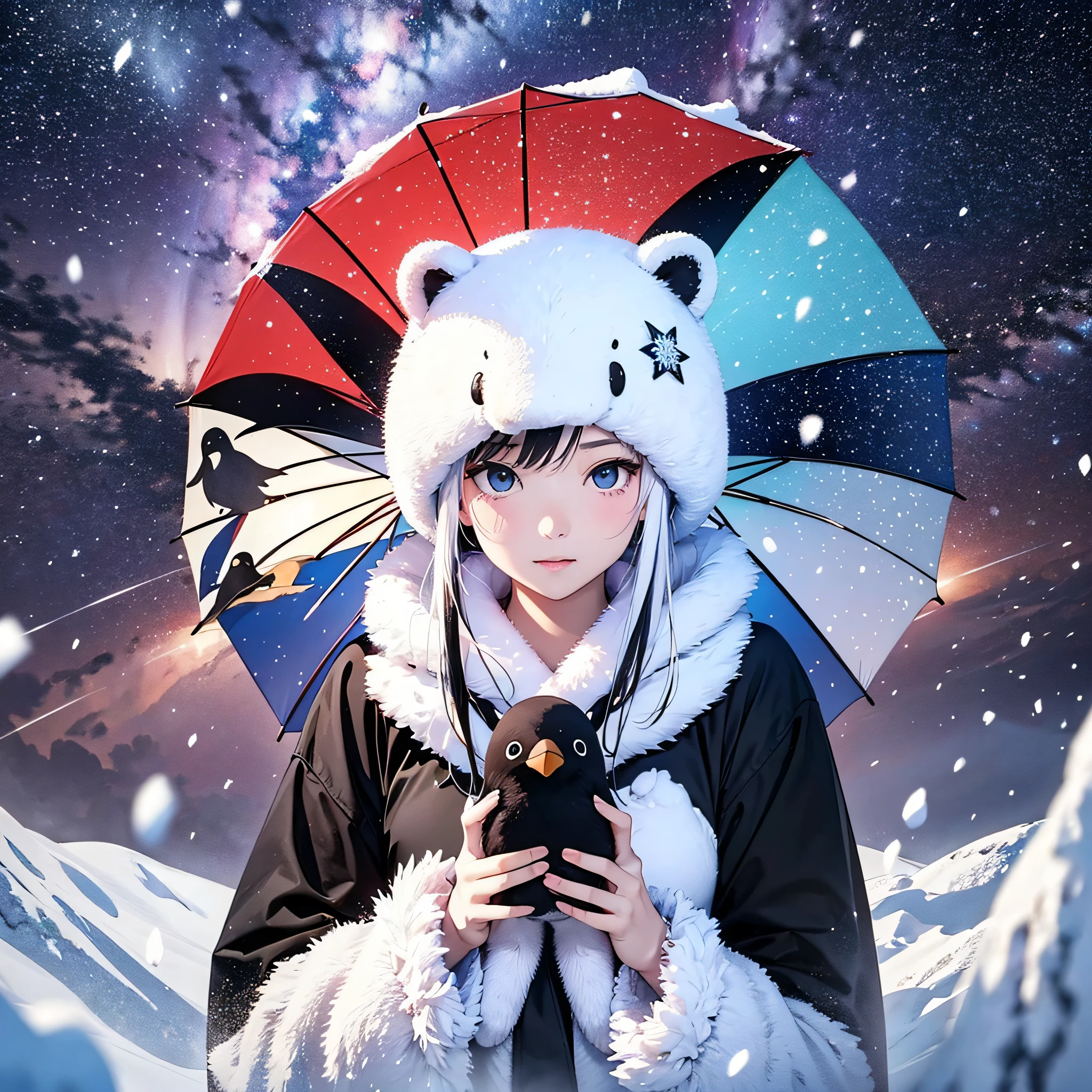 Arctic Circle、drift ice、１with animal１a person、Beautiful snow woman and white bear with long black hair and snowflake hair ornament、Red Japanese umbrella、White Japanese Clothing、penguin、white bear、Aurora、Stars of the Galaxy々、milkyway、​masterpiece、realisitic。Photorealsitic