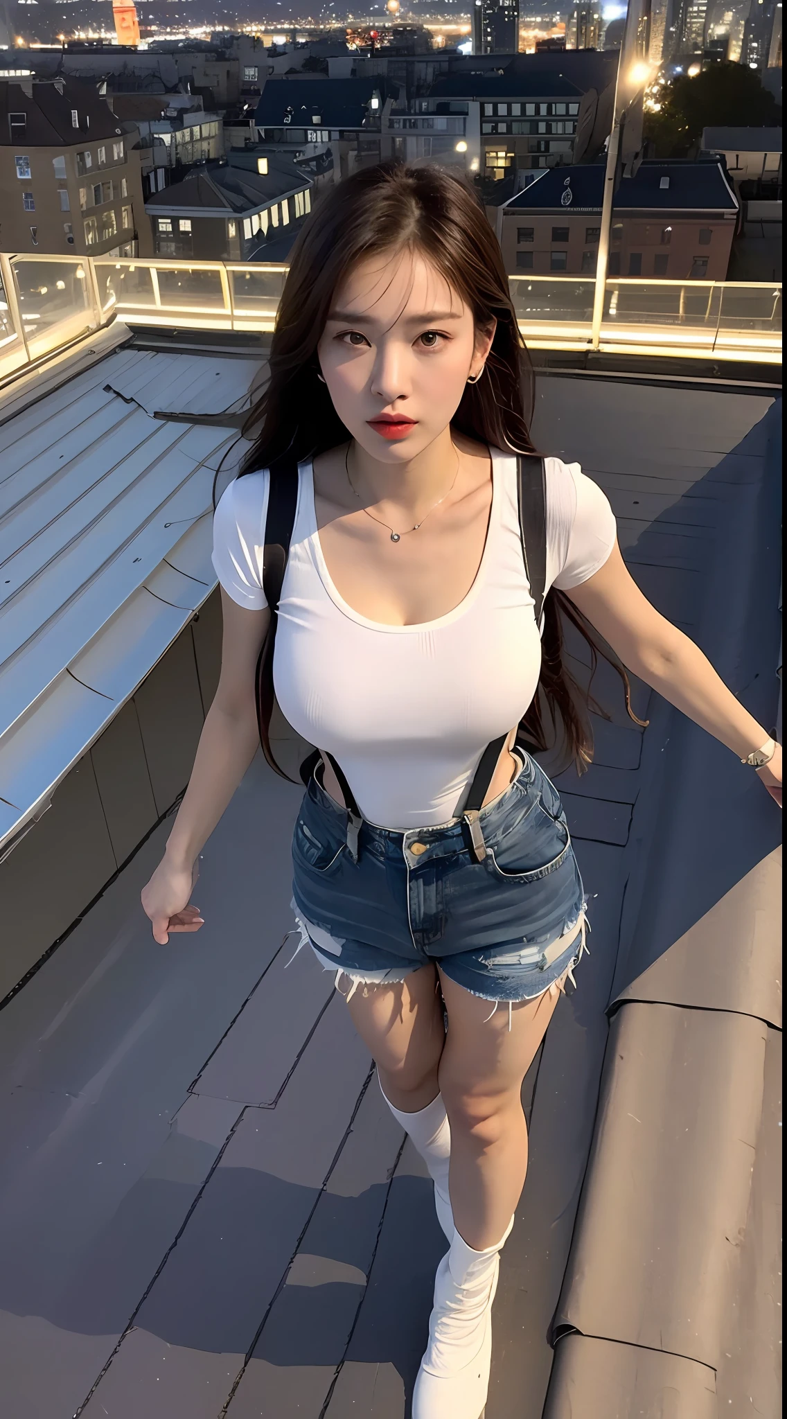 ((midynight, Need, 8k, tmasterpiece:1.3)), full bodyesbian, Long legs, Focalors:1.2, perfect figure beautiful woman:1.4, Slim abs:1.1, ((Dark brown hair, huge tit:1.2 )), (white tight t-shirt, Denim suspenders, standing on your feet:1.2), ((city night scene, the roof:1.3)), Highly detailed facial and skin texture, A detailed eye, Double eyelids Wearing Iron Man armor