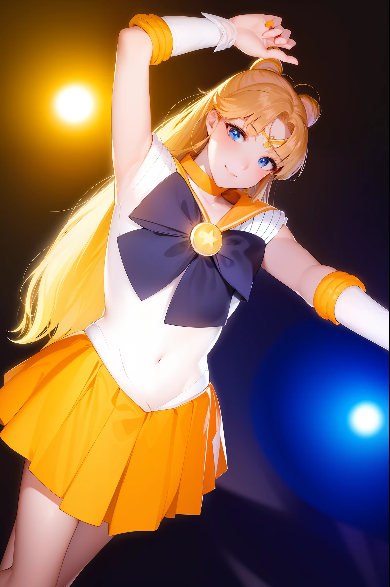 high-level image quality、photo,rialistic photo、In live-action style、a picture、photograph Real、Realisticity、Beautiful facial features、beautiful thigh、Ultra mini skirt、sailorvenus、poneyTail、a close up of a woman in a costume posing for a picture, White panty、A sexy、Anime girl cosplay, Sailor Moon Style, Anime Cosplay, Beautiful armpits、Beautiful navel、Sailor Moon!! Beautiful, cosplay foto, publicity cosplay, Cosplay, Ayaka Cosplay, Orange halo around her head, Inspired by Yang J
