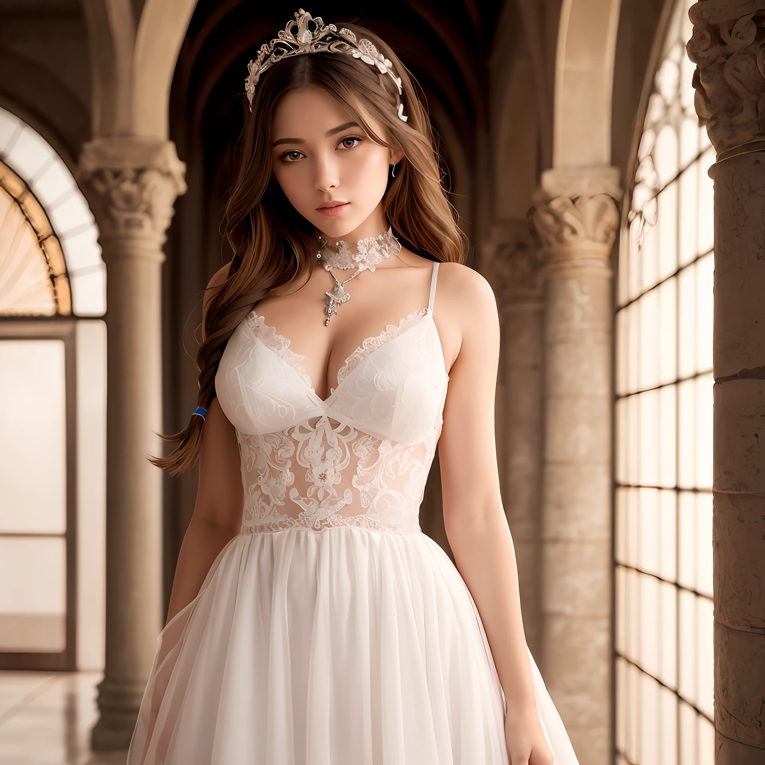 best quality, masterpiece, aquamarine eyes, full body, ( best quality, ultra-detailed), (best illumination, best shadow, an extremely delicate and beautiful), dynamic angle, Depth of field, (bloom), (shine), (solo), light, best, ornate, colorful, cinematic angle, adorable, 1girl, holy virgin, (light smile:0.6), very long hair, braided light blonde hair, (((detailed eyes))), looking at viewer, lace-trimmed dress, white dress, white garter straps, tiara, hair ornament, jewelry, ribbon choker, pendant, heaven, snowy, holy --auto