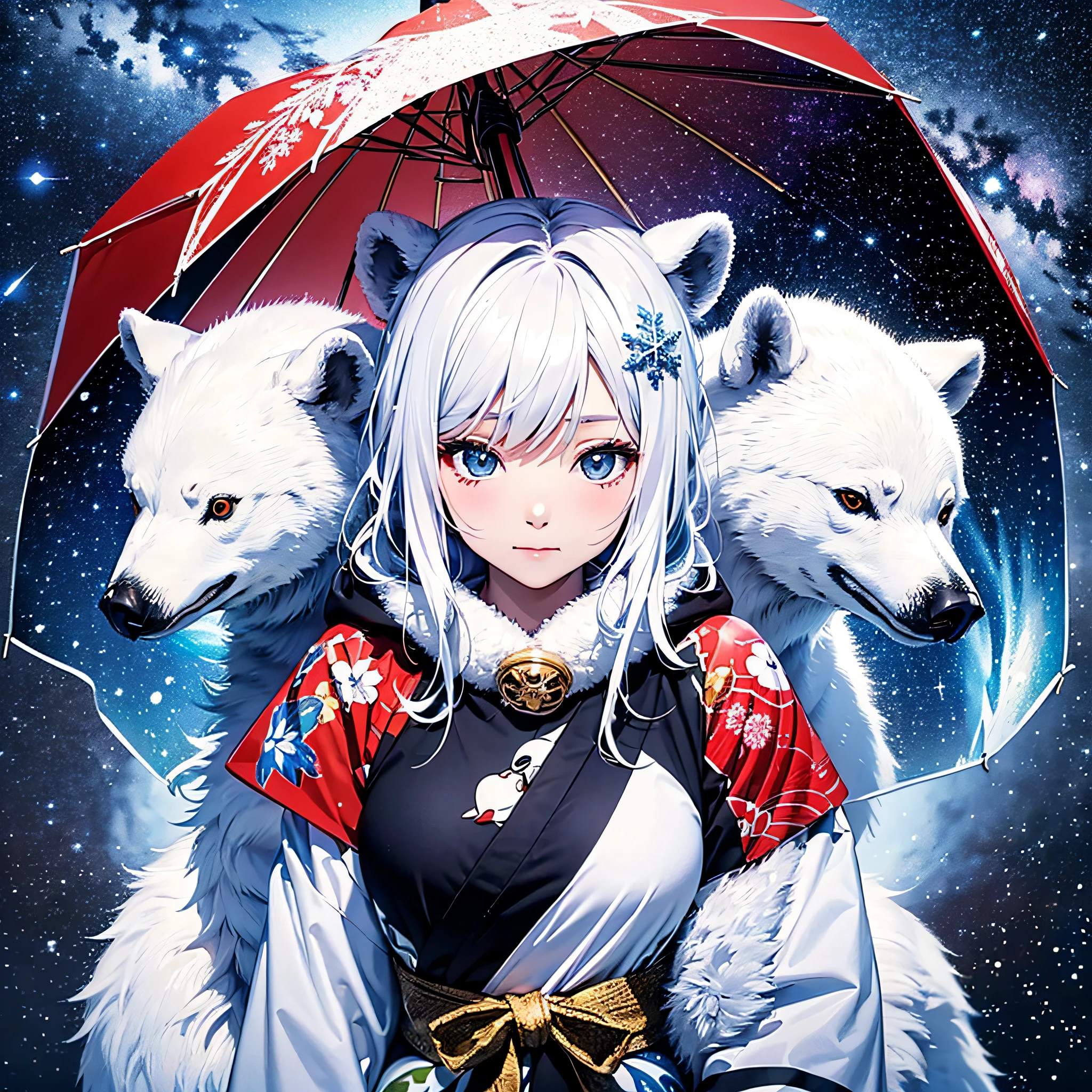 Arctic Circle、drift ice、１with animal１a person、Beautiful snow woman and white bear with long black hair and snowflake hair ornament、Red Japanese umbrella、White Japanese Clothing、penguin、white bear、Aurora、Stars of the Galaxy々、milkyway、​masterpiece、realisitic。Photorealsitic