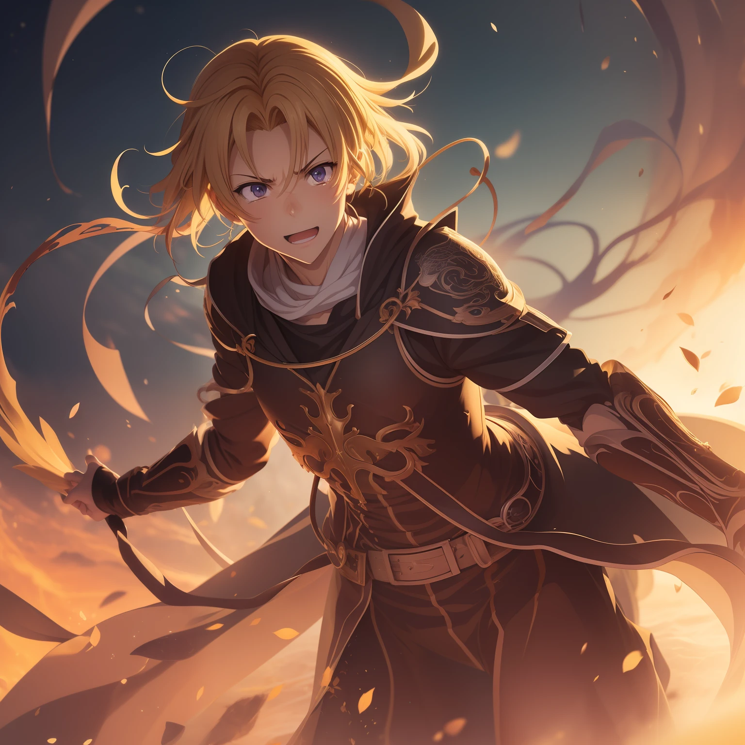 (((Rudeus))),((Obra-prima do anime)))(((corpo inteiro))), Concentrando Magia roxa, espiral, particulas, (sentado), 1 garoto, ambiente de fantasia, (((rindo))),