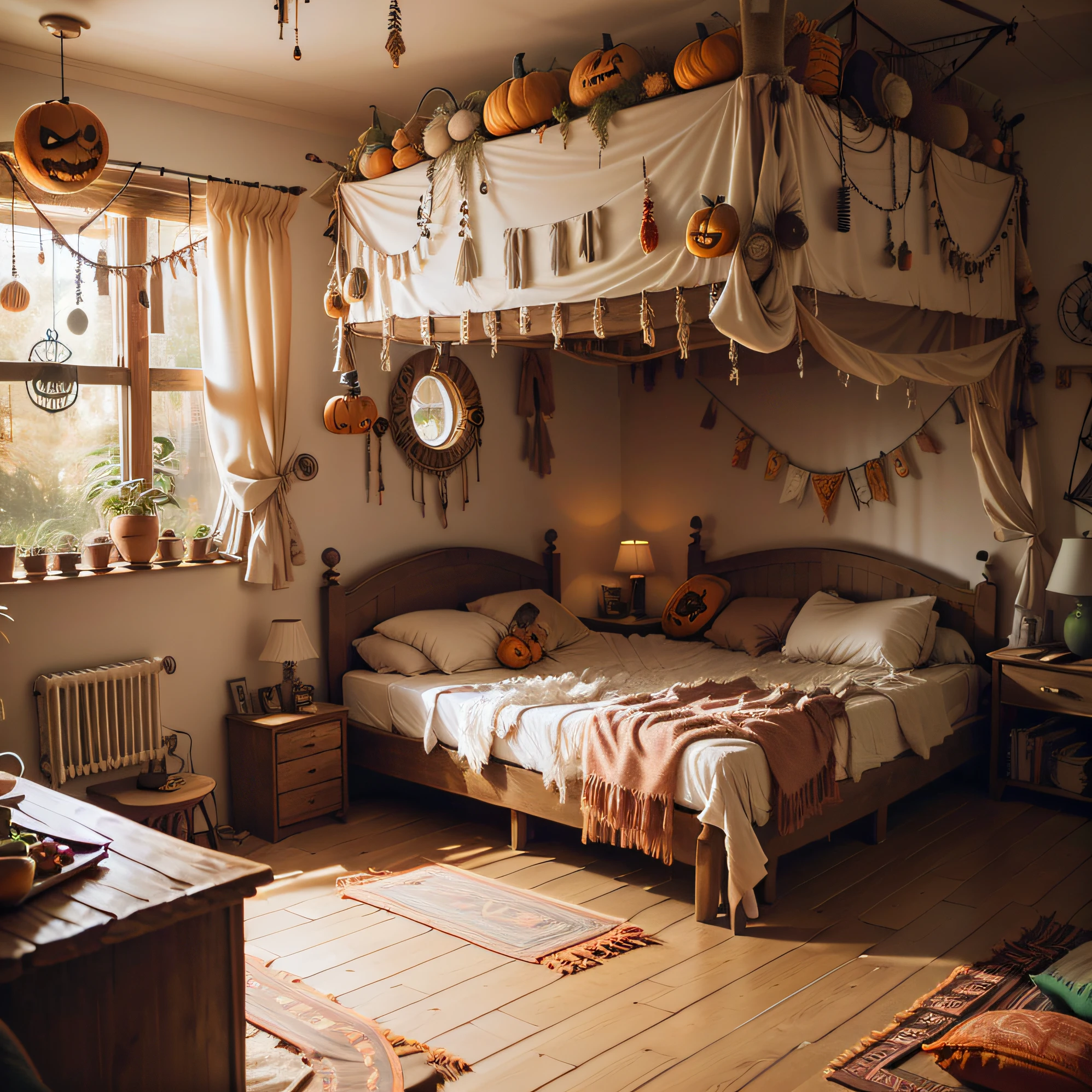 near bed，Halloween decorated room，Room with bed，Wooden floor next to the bed，There is pumpkin decoration，Spider decoration --auto
