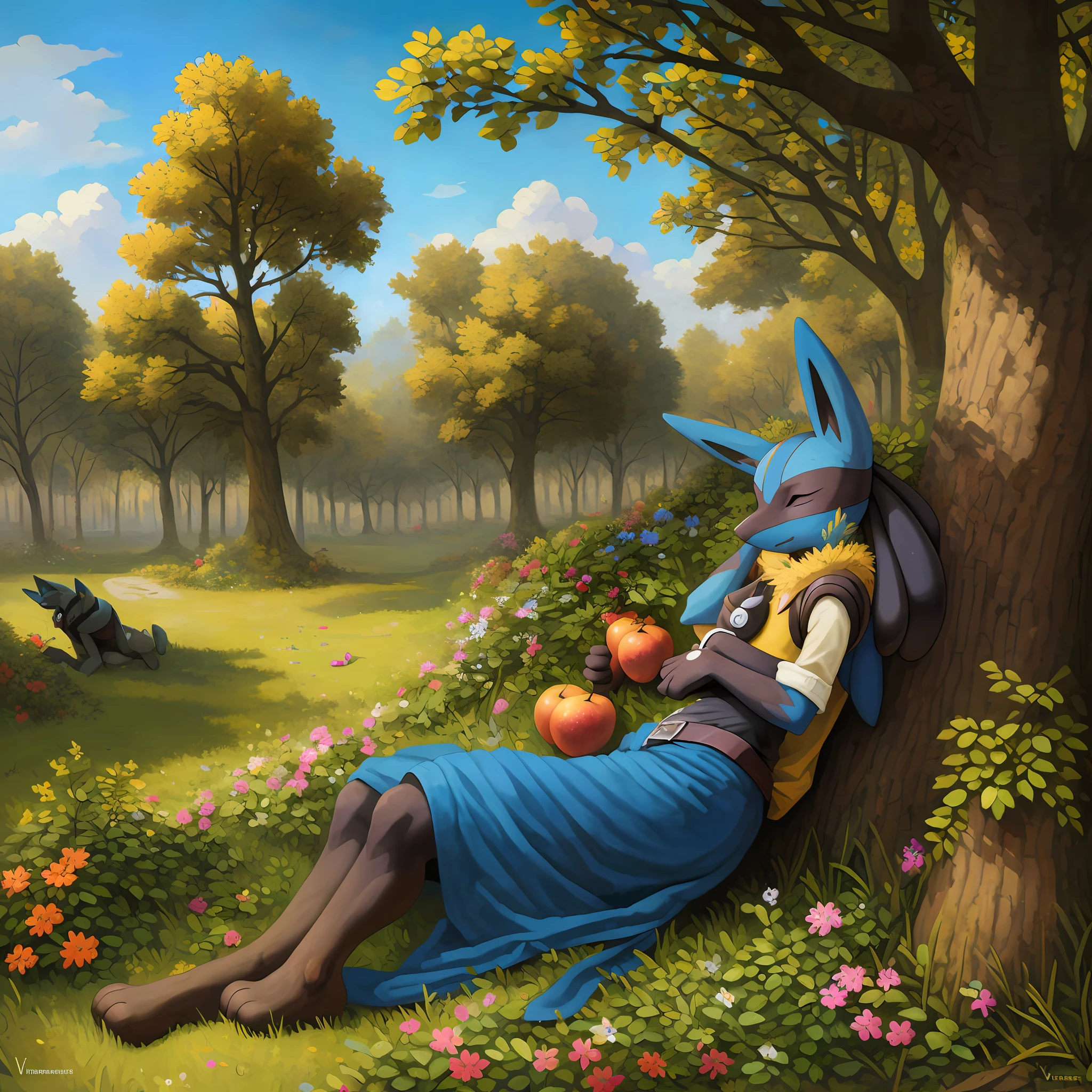 top quality, high-quality illustrations by Vermeer((masterpiece))absurdres, Perfect Anatomy, Lucario, full body,((dramatic))epic, Sleeping under a large tree where sunlight filters through the leaves, fruits, flower,