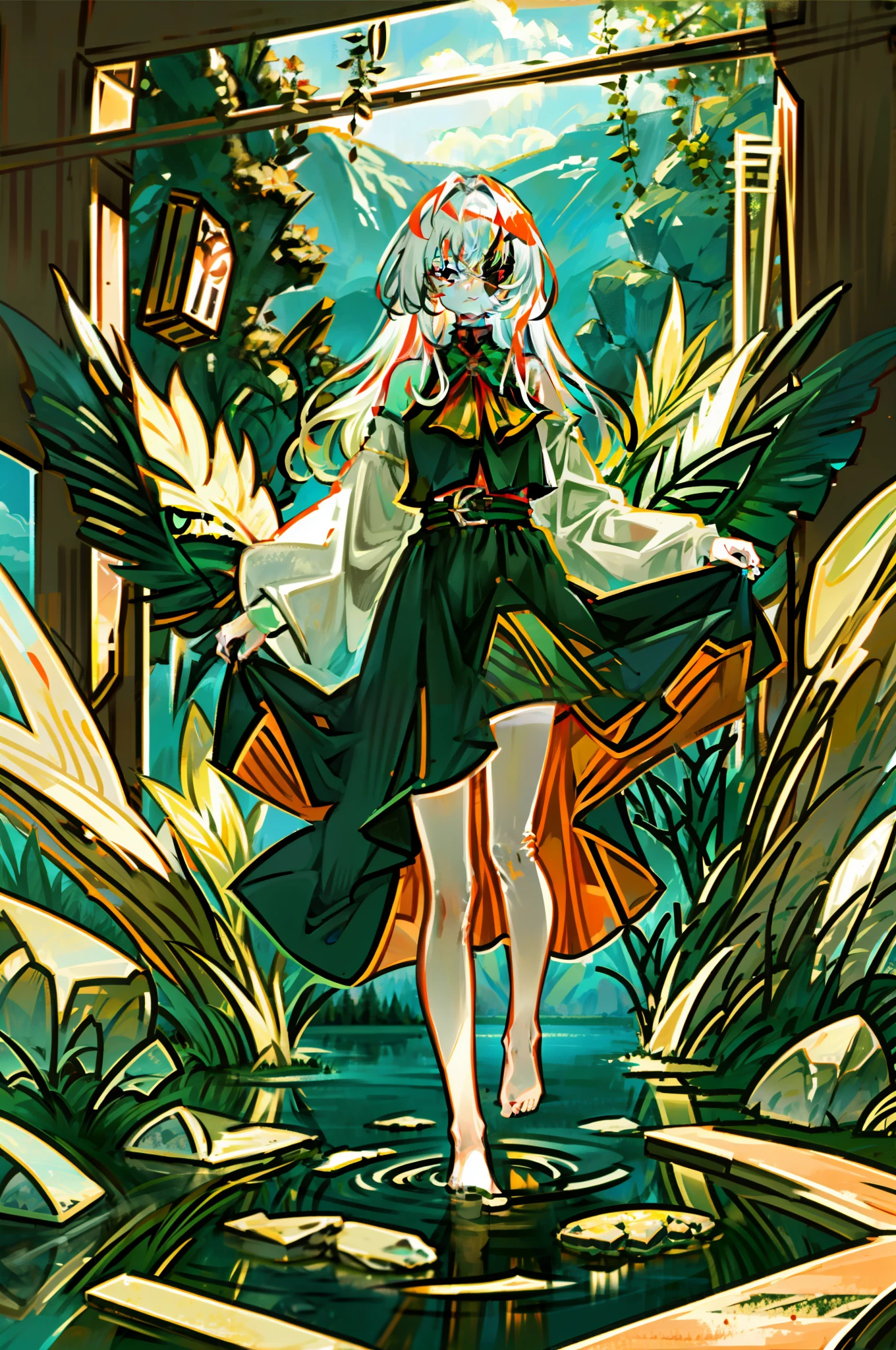 (tmasterpiece), highly detailed, 8K, naturey,Harmonious composition,a warm color palette,Beautiful girl with white hair, Long hair and red eyes,Barefoot and shoulders,black cloaths,Surrounded by a large scene lake