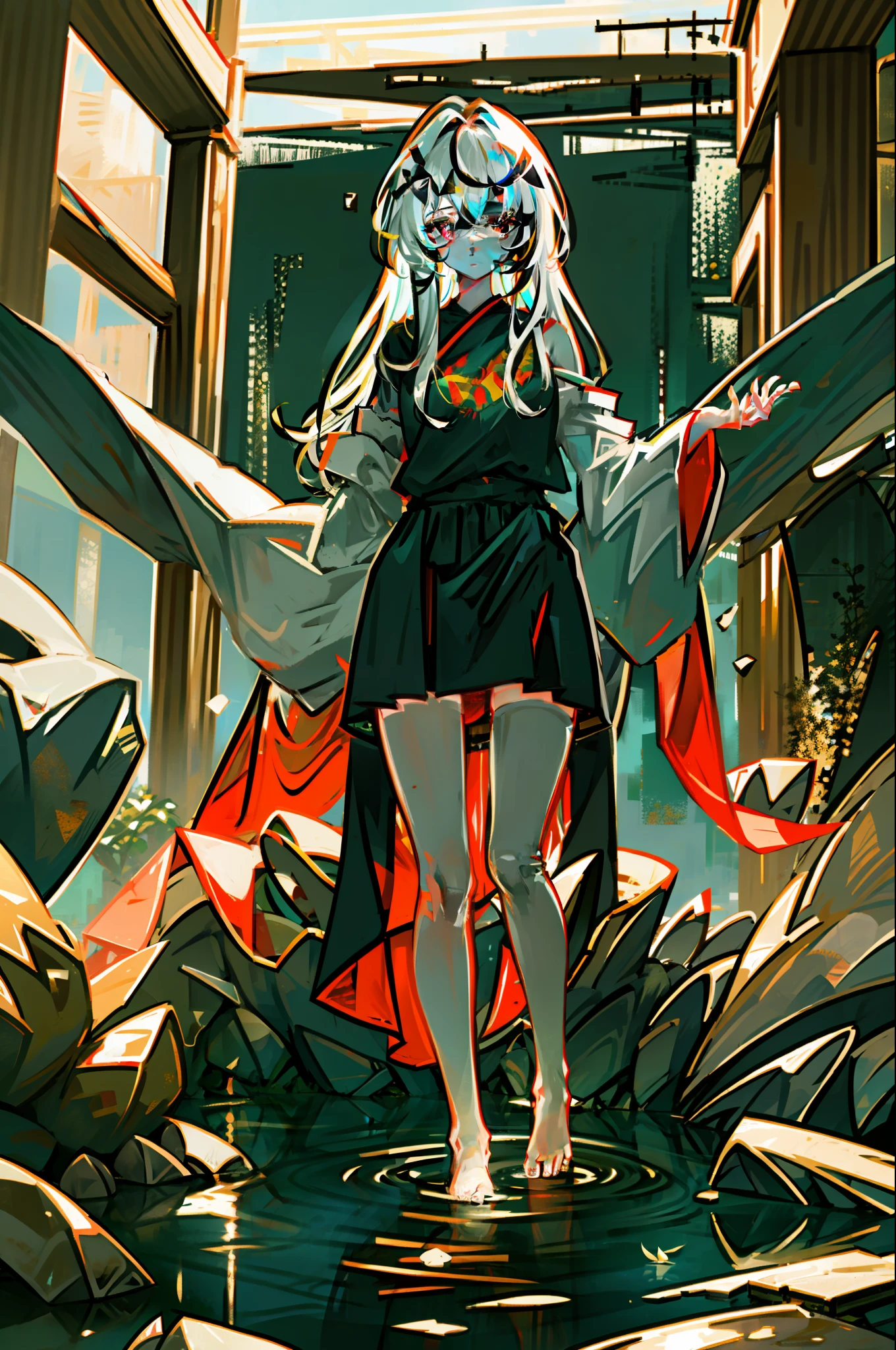 （tmasterpiece）， realisticlying， highly  detailed， 8K， Environmental occlusion，naturey，Harmonious composition，a warm color palette，fine art photography，Beautiful girl with white hair, Long hair and red eyes，Barefoot and shoulders，black cloaths，Surrounded by a large scene lake