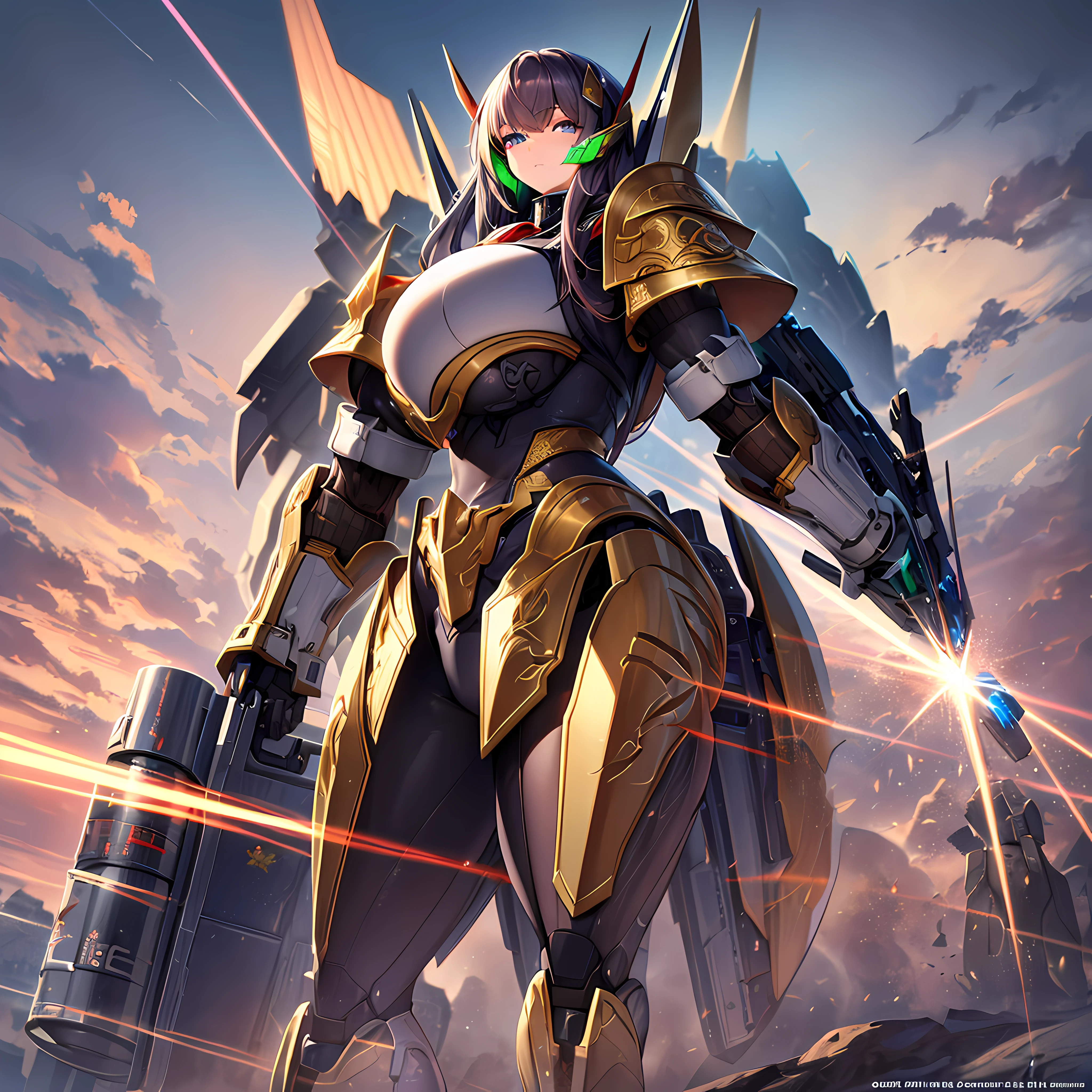 Mecha Armor, Gold Metallic Armor, Gigantic Gatling, Gigantic Plasma Launcher, Gigantic Laser Rifle, Futuristic, Plasma Canister, Cute Face, Intricate Detail, Super Detail, 8k, Super Detail, Best Quality, UHD, Masterpiece, Anatomically Correct, Textured Skin, Beautiful Detailed Skin, Beautiful Eyes, High Details, Insanely Detailed, High Quality, Highres, 1080P, 16k, Anime Epic Artwork