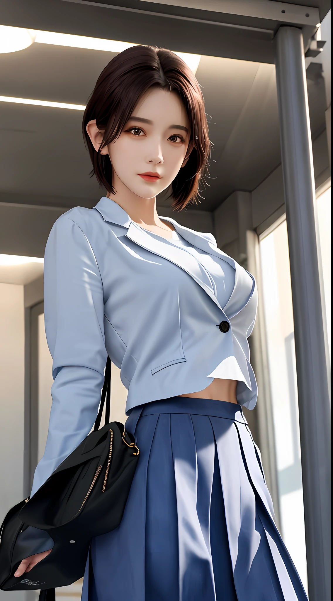 best qualtiy， tmasterpiece， 1girll， beauitful face， （photograph realistic：1.3）， edge lit， （highdetailskin：1.2）， 8K  UHD， digital SLR camera， high high quality， A high resolution， 4k， 8k， bokeh， absurderes， Optimal proportions of four fingers and one thumb， （realisticlying：1.3）， Cute 1girl， Wear a school uniform jacket， mediuml ，short detailed hair