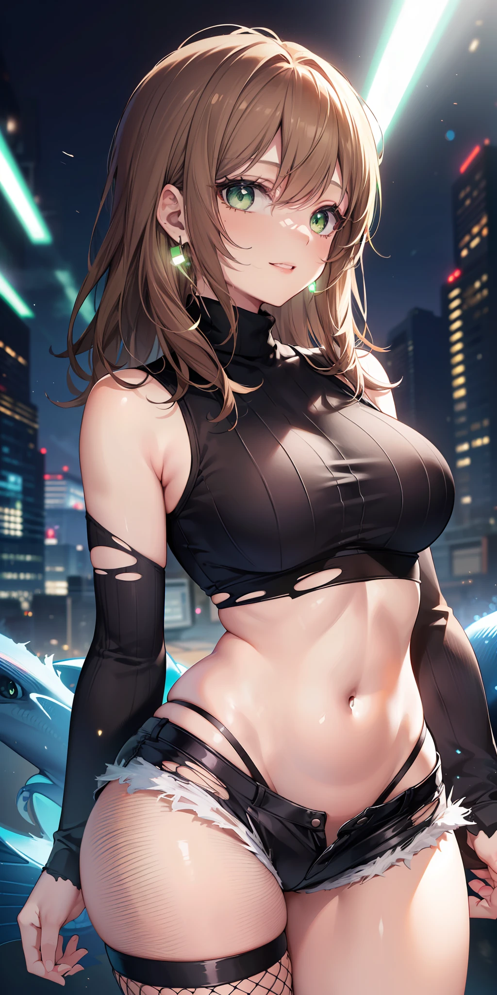 ((masterpiece)), ((best quality)), ((anime profile style)), ((HD 4k)), ((female character)), ((black skin)), ((Teaching girl medium)), ((Beautiful body)) , girl, female face, Happy, smiling, mouth, teeth showing, ruffled lips, ((light green eyes)), Eyelid, Pupil, Sclera, Iris, eyebrow, eyelashes, ear, nose, ((long brown hair)), ((light effects on hair)), ((black turtleneck shirt)), ((torn open short shorts)), ((Fishnet tights)), white sneakers, ( (Lights effect on clothing)), ((Lights effect on body)), Neck, Shoulders, (Thin waist), ((Perfect belly)), Arms, ((Thick legs)), ((Big thigh)) , background, details in environment, surrounding objects, ((lighting)), viewer view
