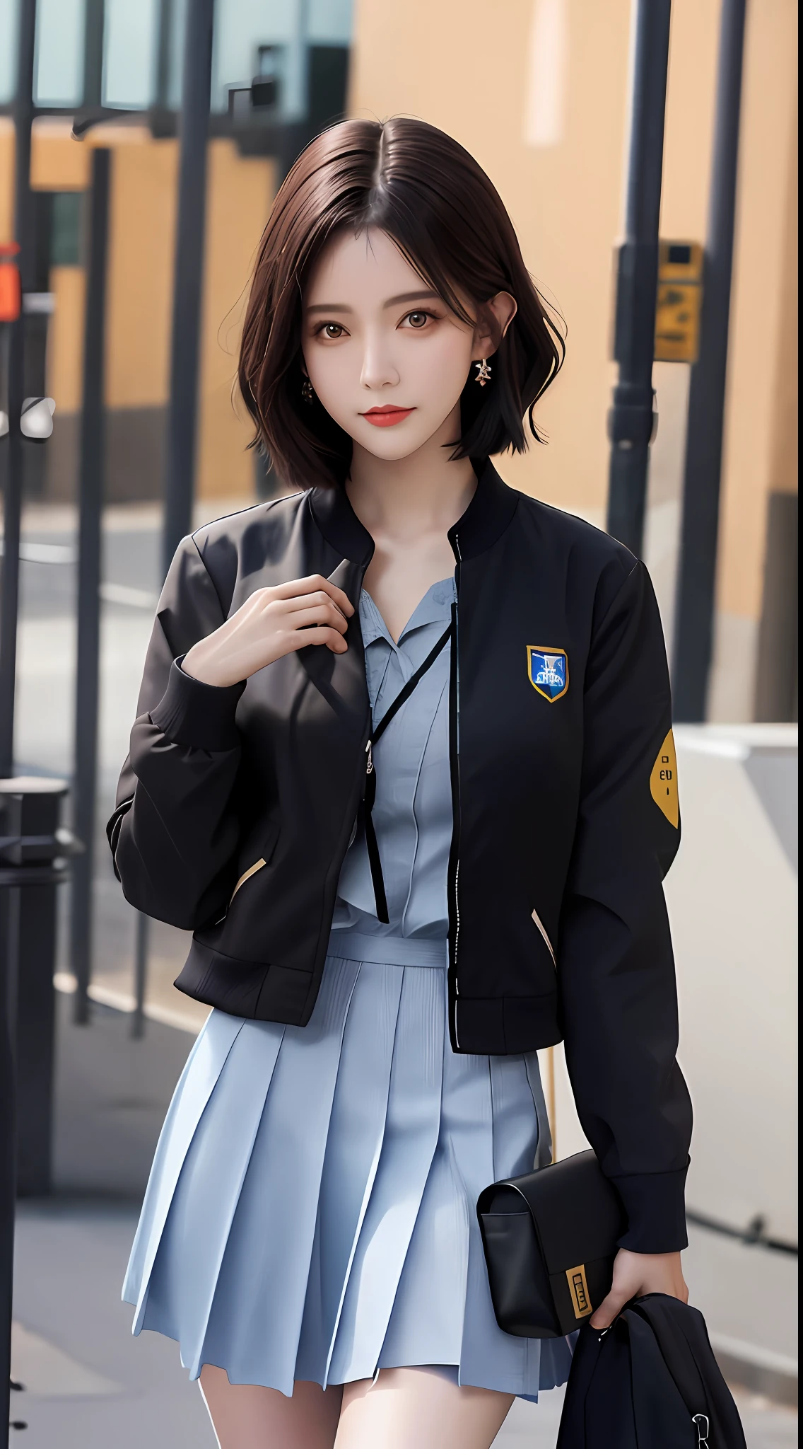best qualtiy, tmasterpiece, 1girll, beauitful face, (photograph realistic:1.3), edge lit, (highdetailskin:1.2), 8K UHD, digital SLR camera, high high quality, A high resolution, 4k, 8k, bokeh, absurderes, Optimal proportions of four fingers and one thumb, (realisticlying:1.3), Cute 1girl, Wear a school uniform jacket, mediuml breasts,short detailed hair