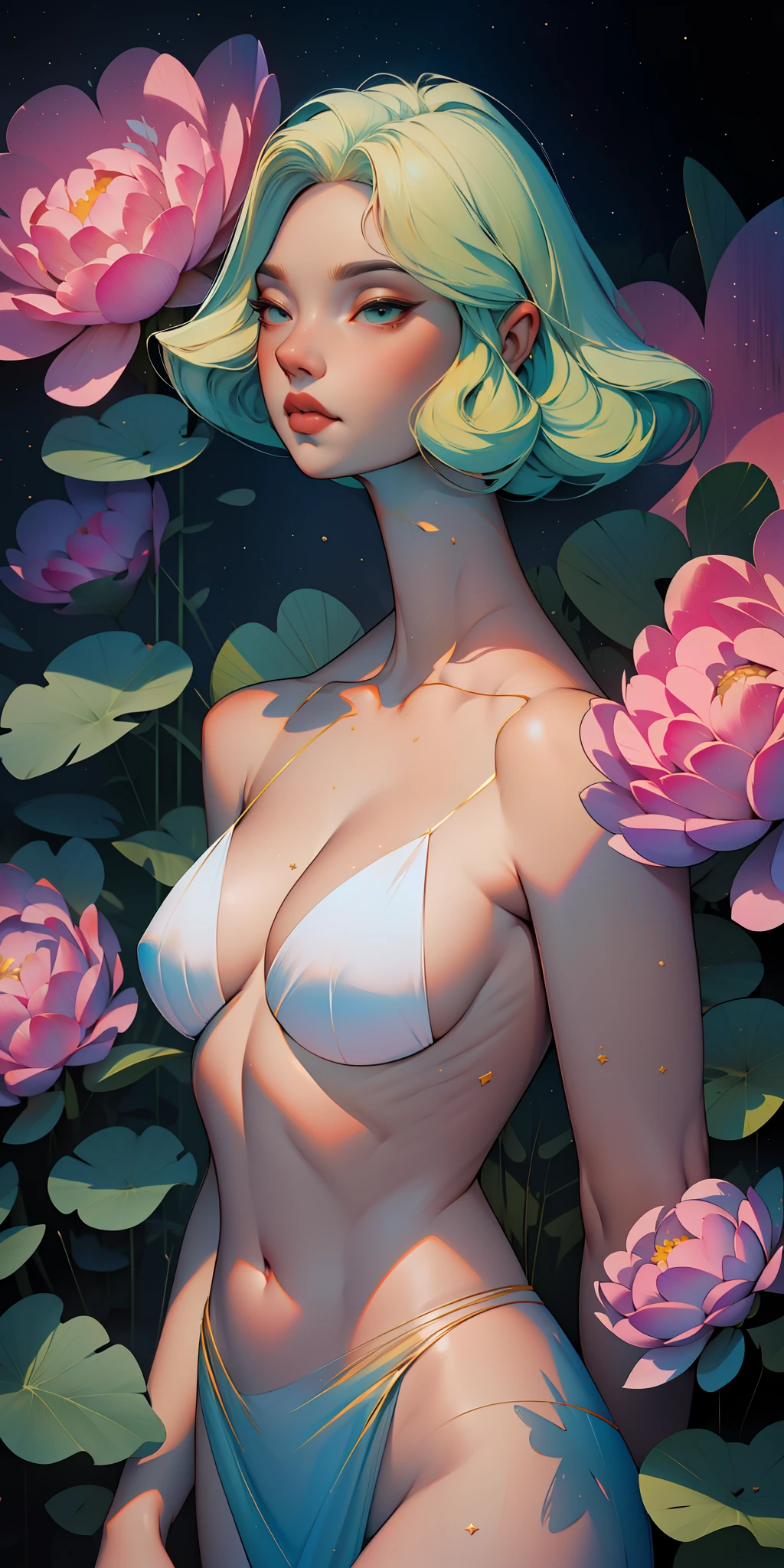 peony/lotus/cornflower/wheat/mallow/ chamomile/poppy/Wildflowers,Professional,abstract beauty,approaching perfection,dynamic,Highly detailed,digitalpainting,Artstation,Concept art,Smooth,sharp-focus,illustartion,Artists: by Carne Griffiths, Wadim Kashin,leonid afremov,kandinsky,Psychedelic,watercolour,crystals foil,stylish,Fantastic,a gold,colorful neon, s face, waist-high, portraite of a, up close, near, queen, a goddess, A glorious sunrise, aura, Glow, multi-colored bright aurora borealis, Spectrum Rainbow,Colored feathers, In a chic, lavender pink azure white hair,  pastel, mixed-language_SMS, (beautiful and clear background:1.2),, fantastic paintings , high detailed eyes, crystals,   outer space, galaxy, Gorgeous hair, hydrangea, Plants. Loving. Love. ultra detail hair, Best Quality, hiquality, hight resolution, detail enhancement, ((most beautiful image in the world)), Masterpiece, Best Quality, High Quality Detail Enhancement, ((most beautiful image ), Shiny hair, ultra chic topless, naked body, curvy chic body, Stampa Flores, art by stjepan sejic, art by j scott campbell, Artist Guillem March, art by citemer liu, 4k, hight resolution, comic book character, comic, high quality detailed,   style of ::2.0 comix illustration style,tatoon style, hiquality, hight resolution, detail enhancement, 8K, HD, Best Quality, hiquality, hight resolution, detail enhancement, 8K, HDR, sharp-focus, Ultra Detailed, perfect  lighting, Curvy Body, Lush big breasts, Curvy big hips, sparks, Stars, The Cycle of the Stars, cactus