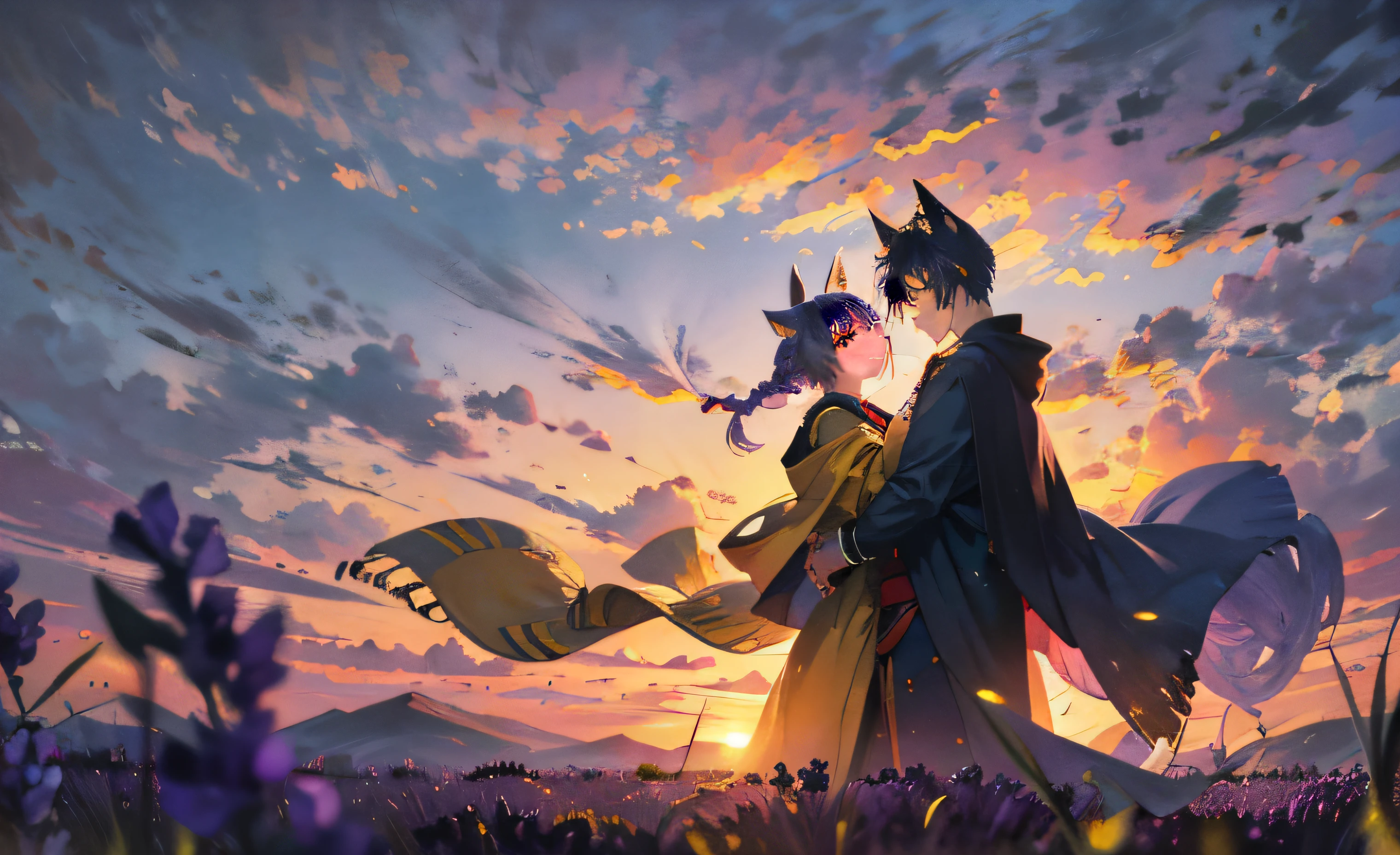 the setting sun, lavanda fields, hugs, Rolling peaks, Two people, a young man and a woman, Twist braids, large tail, Cloak, Battle damage, Wolf ears, Yellow eyes, Purple hair, fang out, Happy, Wide shot, Anime, Masterpiece, Best quality