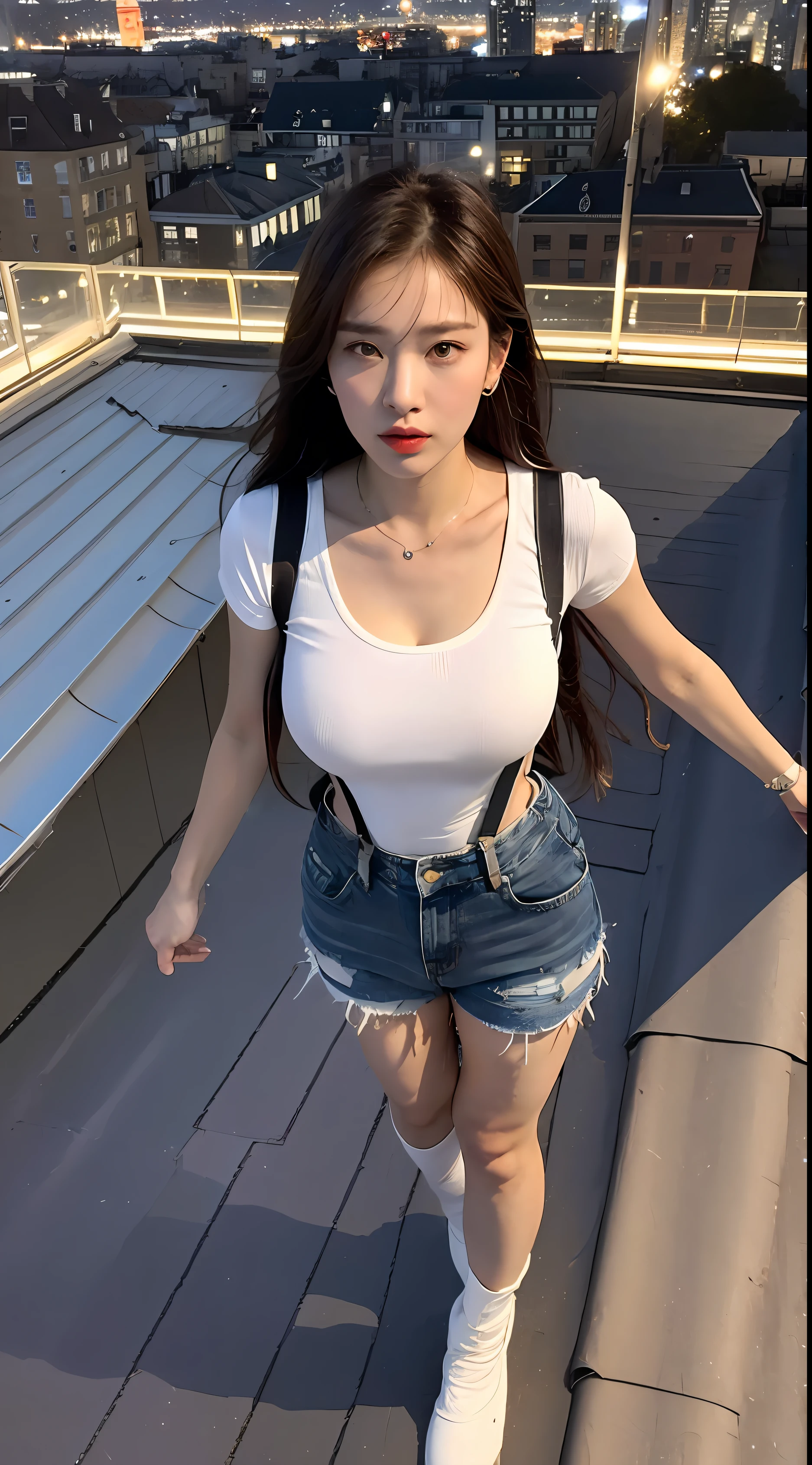((midynight, Need, 8k, tmasterpiece:1.3)), full bodyesbian, Long legs, Focalors:1.2, perfect figure beautiful woman:1.4, Slim abs:1.1, ((Dark brown hair, huge tit:1.2 )), (white tight t-shirt, Denim suspenders, standing on your feet:1.2), ((city night scene, the roof:1.3)), Highly detailed facial and skin texture, A detailed eye, Double eyelids Wearing Iron Man armor