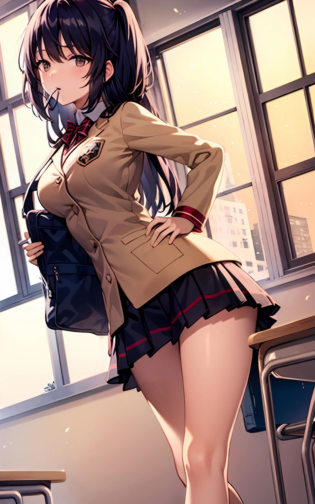 best qualtiy,A detailed, 1girll, 独奏, Classroom, inside in room, both hands on hip, Keep one's mouth shut,,Brown jacket,tiese,collared shir,校服,Plaid skirts,Loafer shoes,slanty eyes,eyeslashes