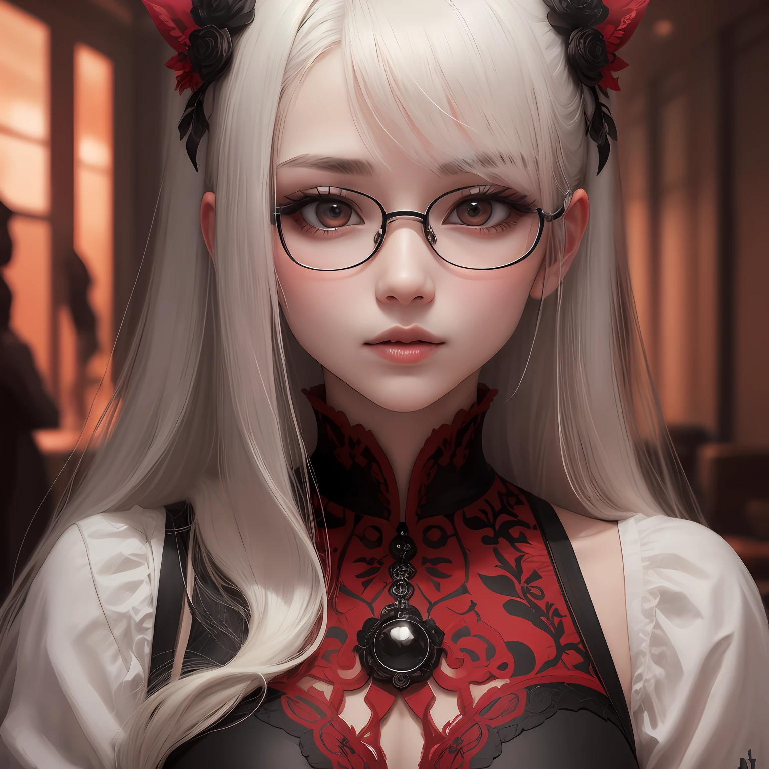 enchanted，Beautie，Black and red color scheme，eye glass，long whitr hair，痴女 --auto