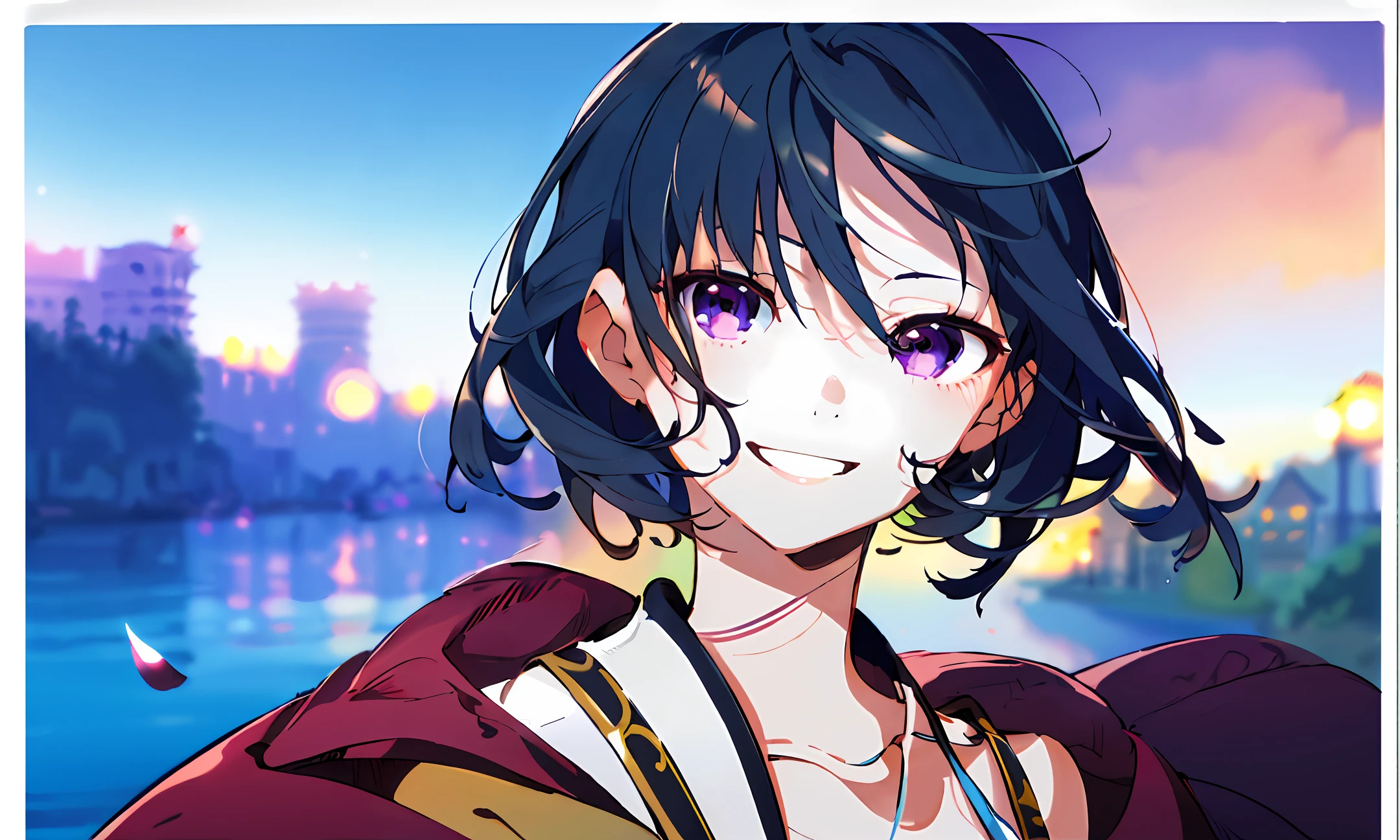 the girl with black hair，Purple eye，Oriental cinematic sense，Wearing a black dress，，illustration，high-definition picture quality，1:1，Eyes full of tenderness，With a smile on the corners of his mouth，Gentle feeling，8k，Manhwa Style，water ink