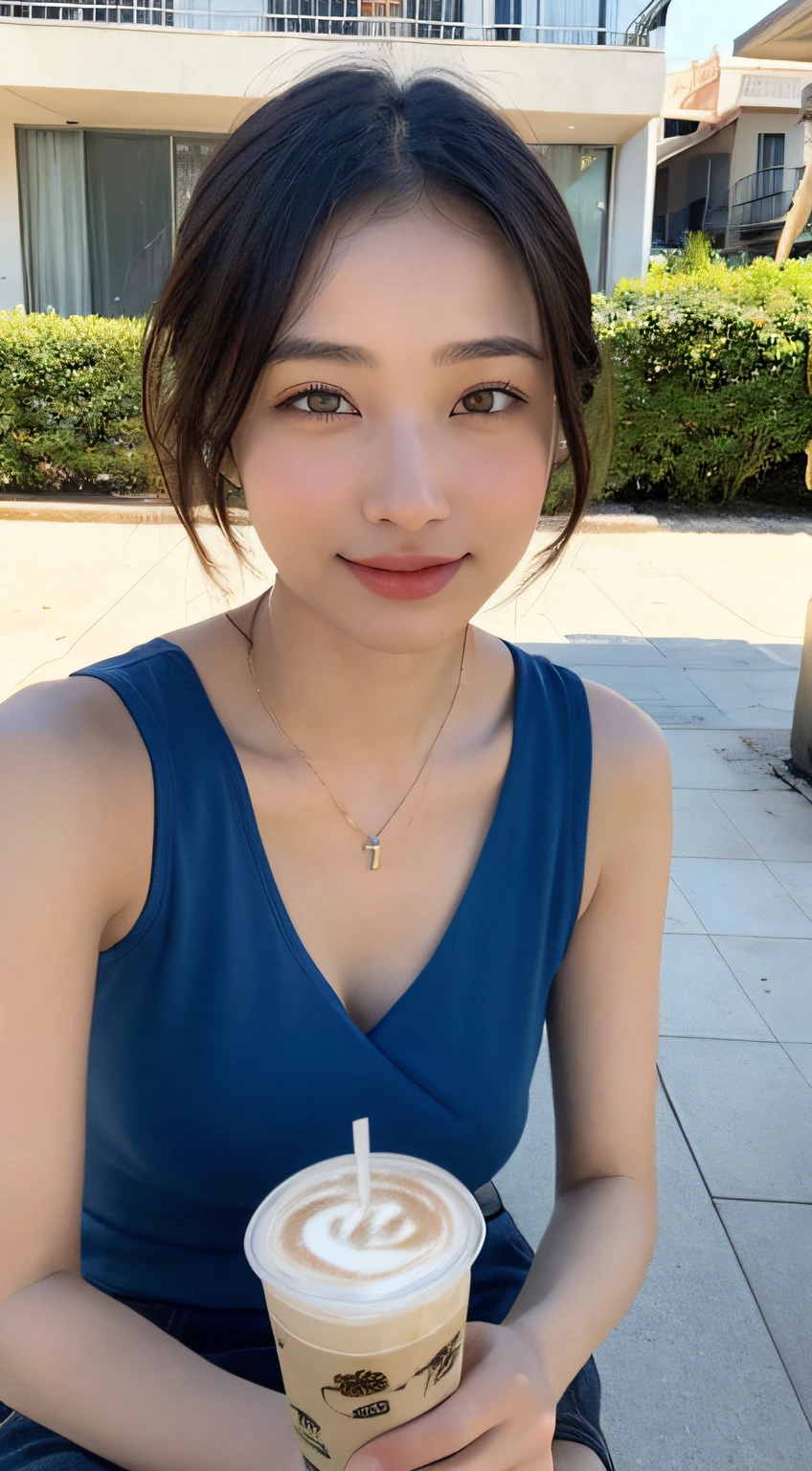 ((top-quality、​masterpiece:1.3))、foco nítido:1.2、(realisitic、Photorealsitic:1.37)、perfect beautiful female、Highly detailed facial and skin texture、Detailed eyes and double eyelids、ssmile、short cut hair、Petite bust、Small necklace、sleeveless shirts、Strong sunshine、Beach terrace、iced coffee、Summer sea and sky、