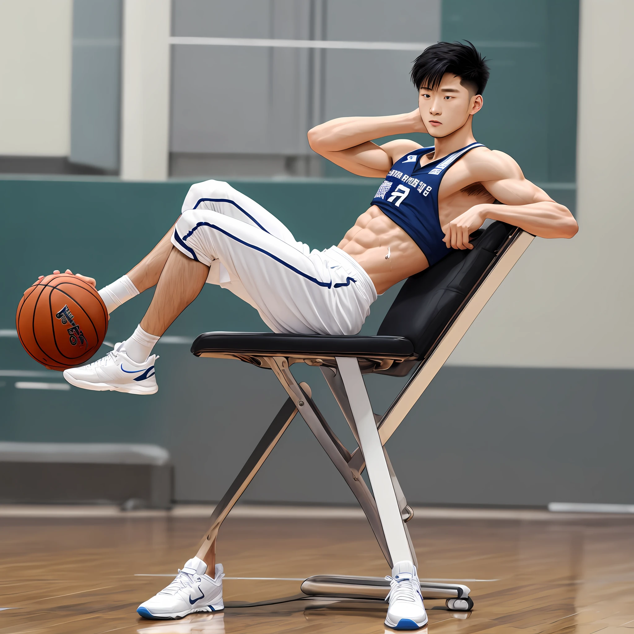 A sports boy sitting on the school's basketball court,Long is very handsome, very in line with the aesthetic of Chinese,Naked upper body,Wear white basketball pants and white basketball shoes,White socks are worn underneath the shoes,A sun-colored complexion with smooth muscles,He is one meter eighty-three tall and has short black hair,Wear white bracers on your hands,Just finished playing and sweated,The pants were also wet, and the white panties could be faintly seen through the pants,A large bag wrapped in underwear shows that he is very powerful --auto
