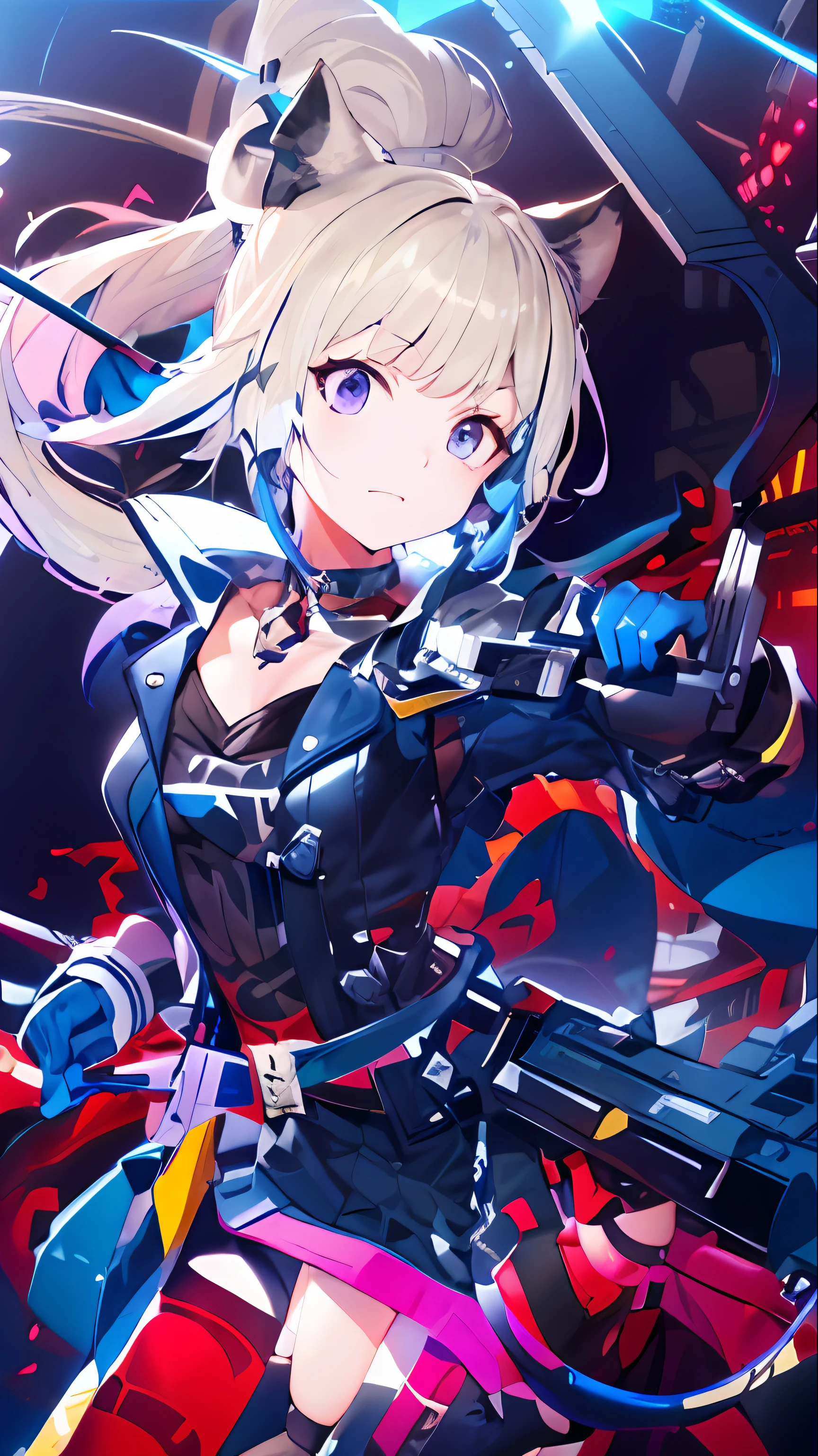 Anime girl holding a gun,Best anime 4K wallpapers,featuring《azur lane》and Kancolle anime style,Mcross Delta Art Splash Effect,high detailed official artwork,Highlight the character of Azure Lane,Showcasing the female figure of Kusart Krenz,tight leather clothes,Cattail and cyberpunk style,Dark nights。