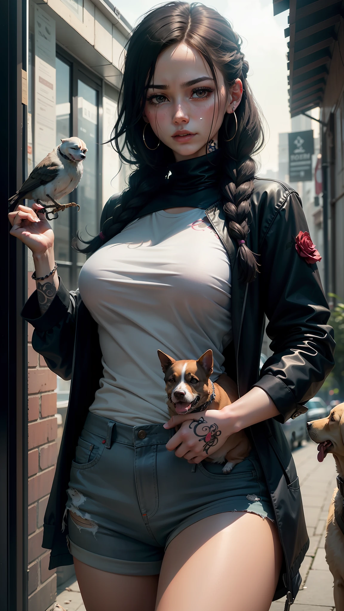A beautiful woman agent ,dark open sky, gun in hands, looking like just finished firght,sweating, hot wearing dark clothes,have a dog with her and bird ,long braided hairs, have tattoo of rose on her thighs, wearing shorts