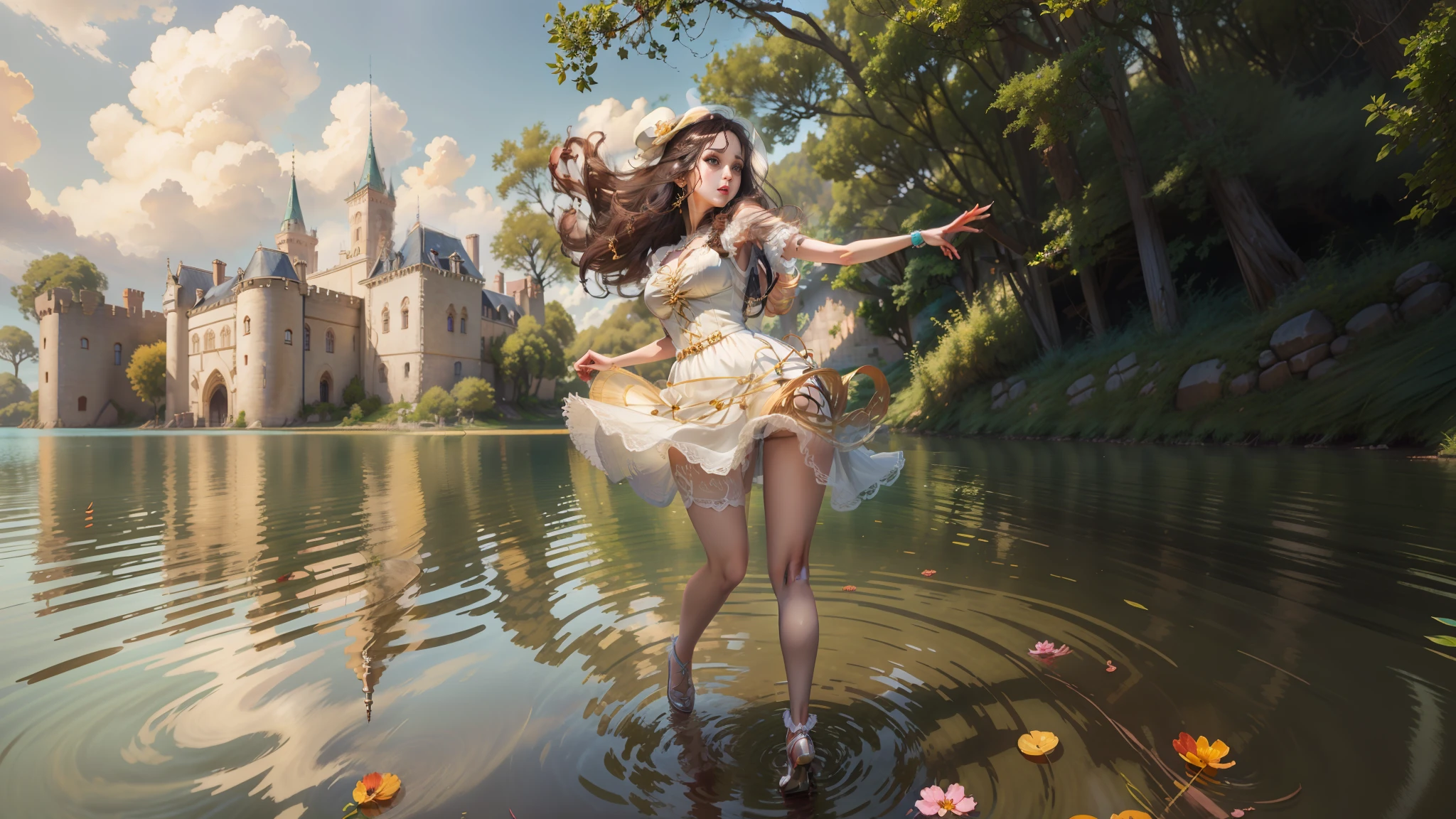 Anime girl dancing in lake in white dress,The background is a castle, Kushatt Krenz Key Art Women, by Yang J, Artgerm and Atey Ghailan, WLOP and Sakimichan, Artgerm on ArtStation Pixiv, Style Artgerm, Anime girl walking on water, elegant floating pose