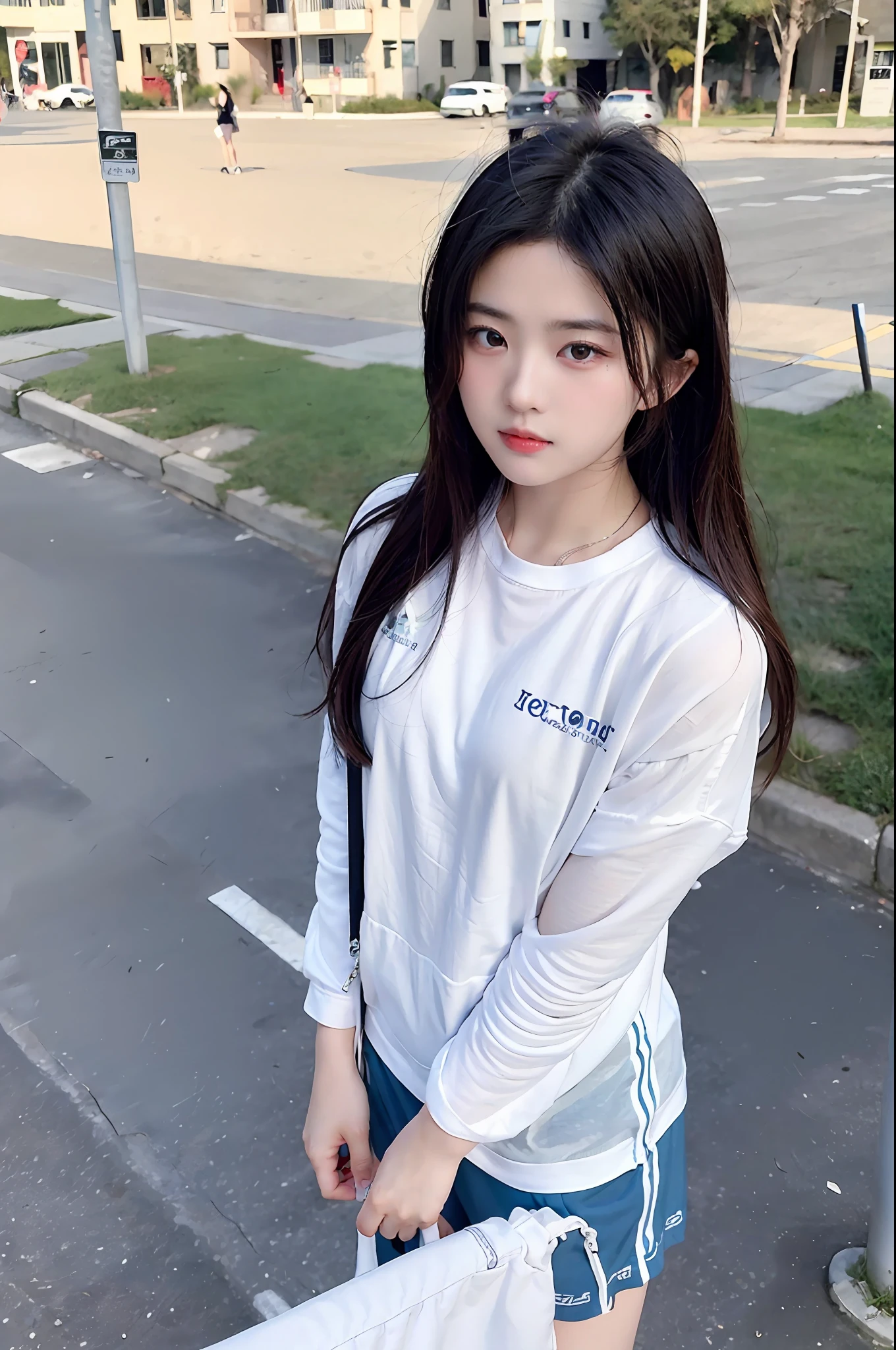 (photograph of-realistic:1.55),tmasterpiece,top-quality,the detail,femele,the city street,femele,TFG1,White gym clothes,beachside