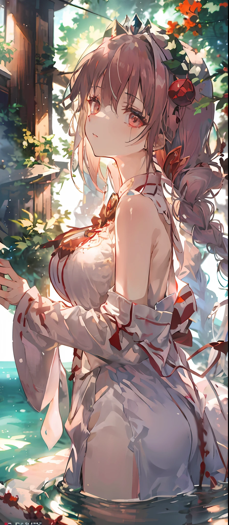 tmasterpiece,best qualtiy,offcial art,8k wallpaper,The is very detailed,illustratio,1个Giant Breast Girl,Pale pink hair,long whitr hair,Delicate crimson eyes,exposed bare shoulders,magestic,lakes,Pure,fearful expression,The demons,Blood in the big scene