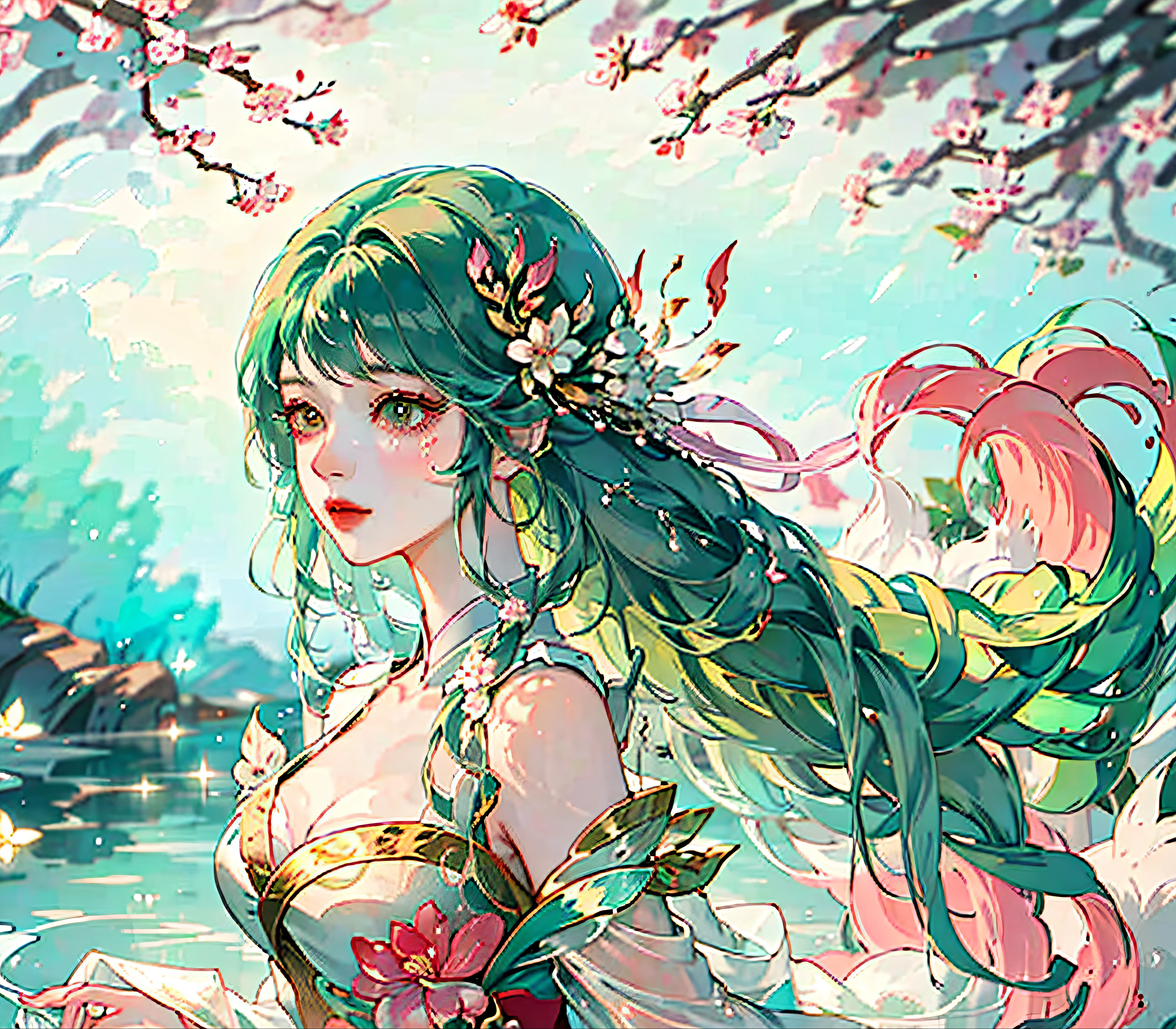 Still water flows deeply，Cangsheng Stepping Song Pink and green gradient flowing hair girl Red and green gradient hair God girl Clear facial portrayal Pure white simple dress Extremely smooth long hair Long hair Plant anthropomorphic Peach blossom source God girl Peach blossom embellishment Spectacular background Overgrowth
