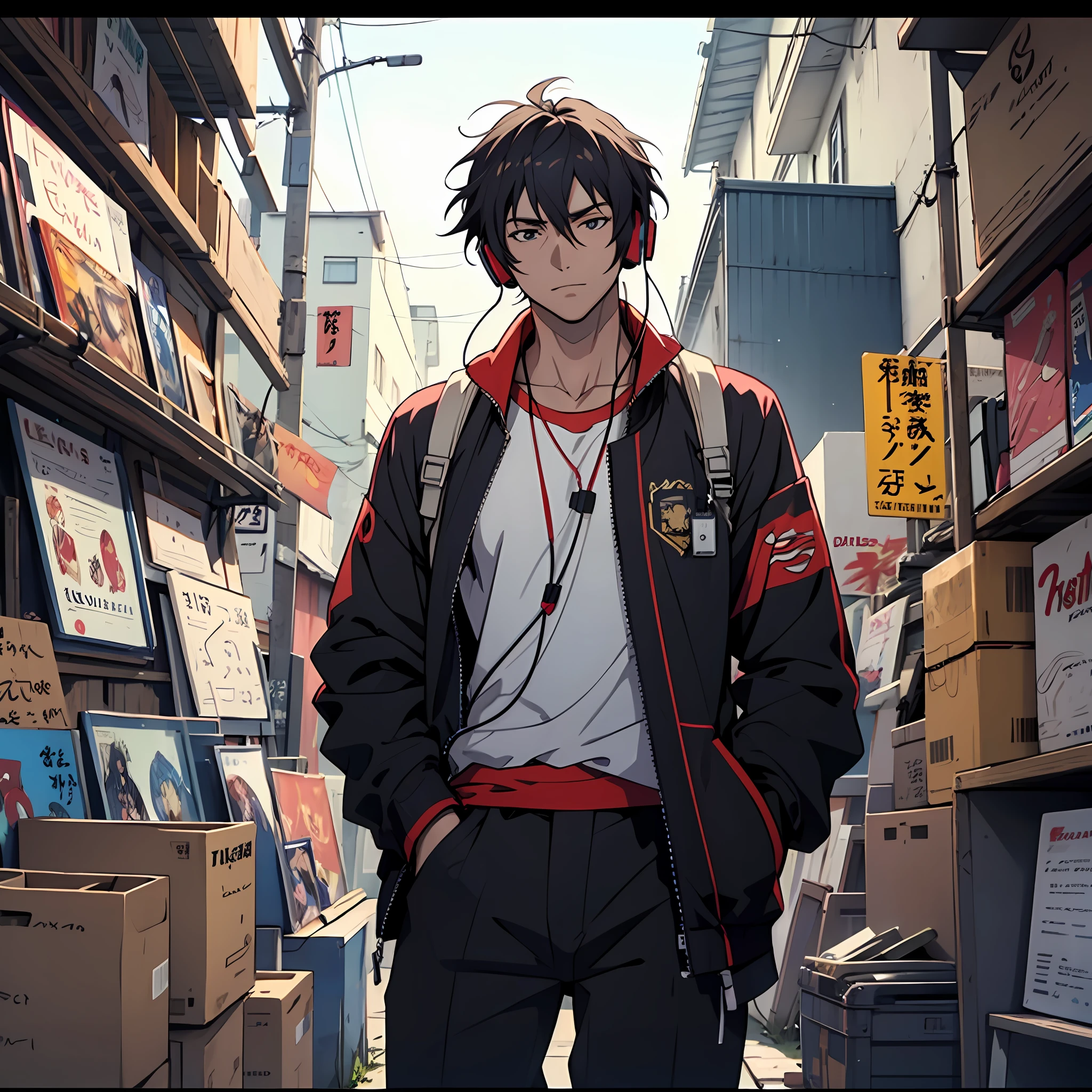 A cool anime guy listing to music through headphone on Saturn --auto