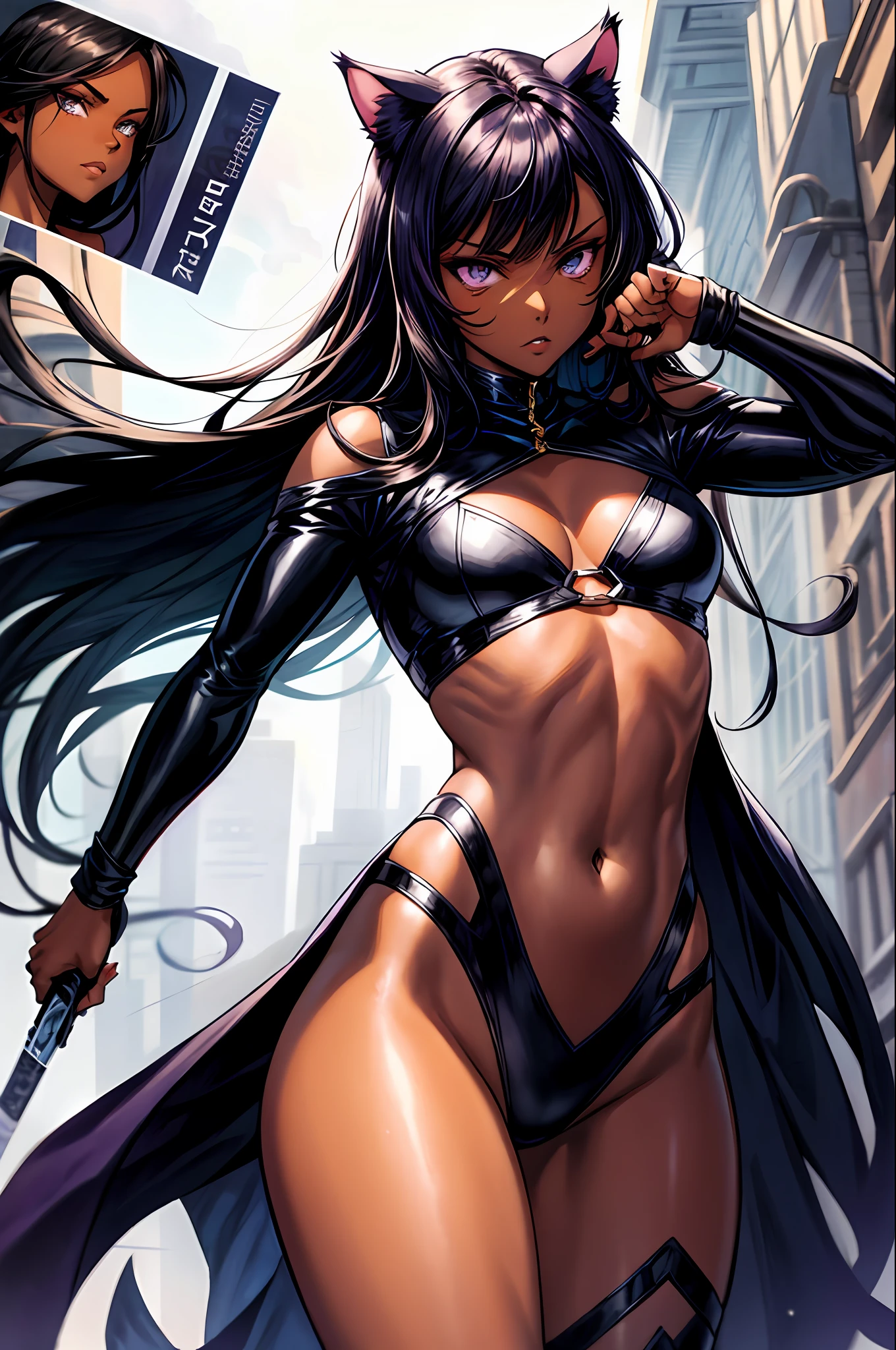 Masterpiece, Excellent, 1girl, solo, complex details, color diffusion, comic book, anime, marvel, DC, catgirl, dark skin, ebony, brown skin, dark-skinned female, thighs, cat ears, dark hair, black hair, purple eyes, skimpy attire, epic attire, assassin, badass, deadly but sexy, trending, demon, goddess