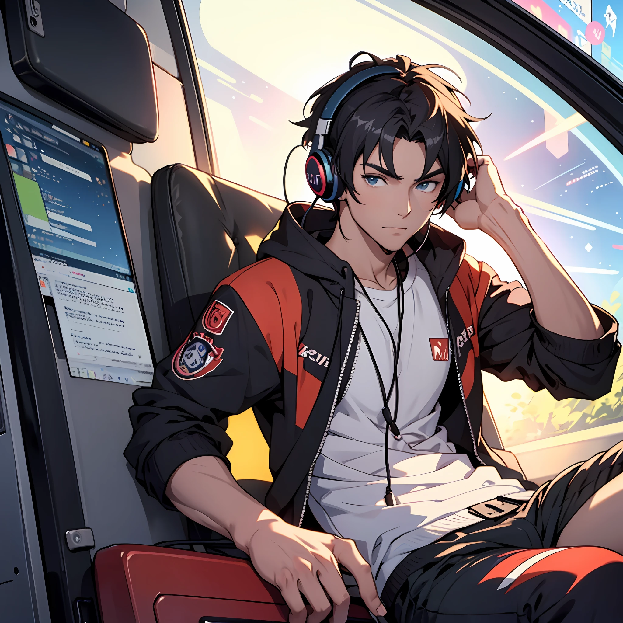 A cool anime guy listing to music through headphone on Saturn --auto
