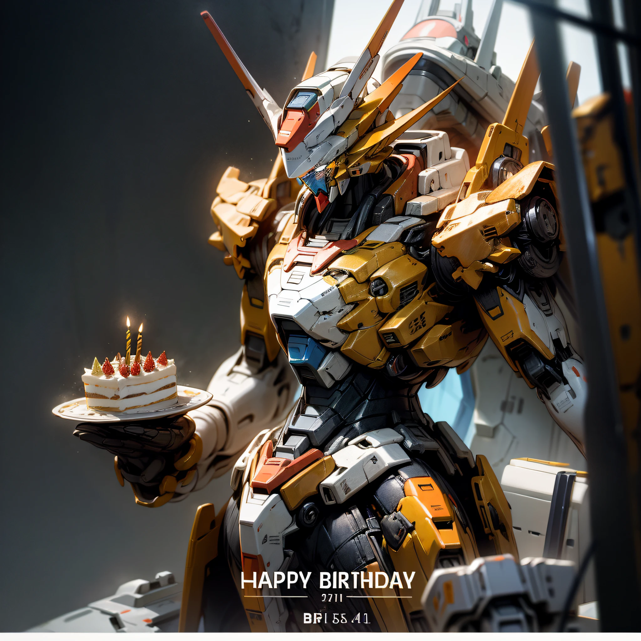 Gundam Cyborg,Cake in hand,Orange mech,Birthday atmosphere --auto